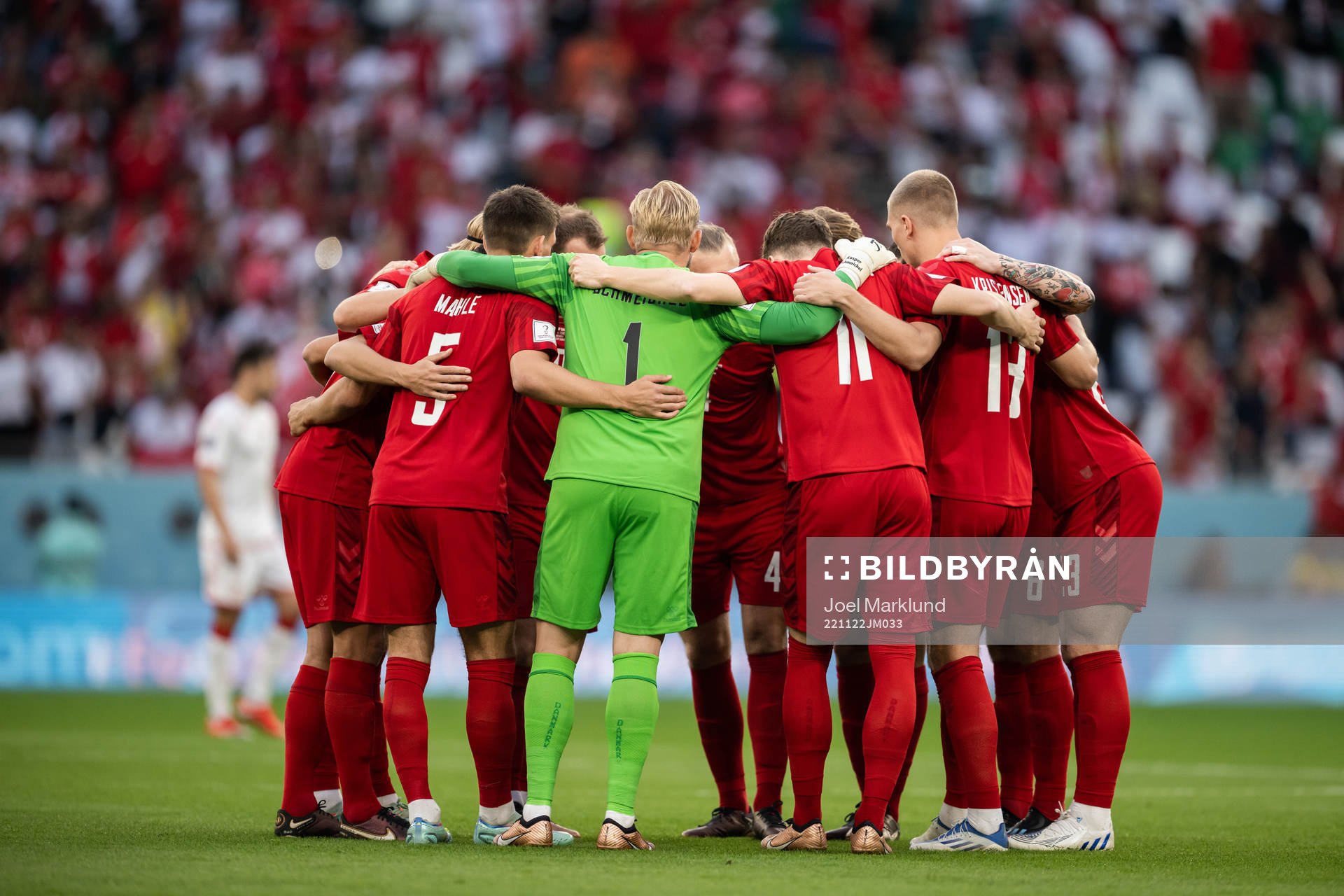 Players of Denmark ahead of the FIFA World Cup 2022 football match between Denmark and Tunisia on November 22, 2022 in Doha.