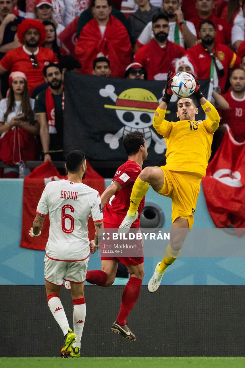 goalkeeper Aymen Dahmen of Tunisia and Thomas Delaney of