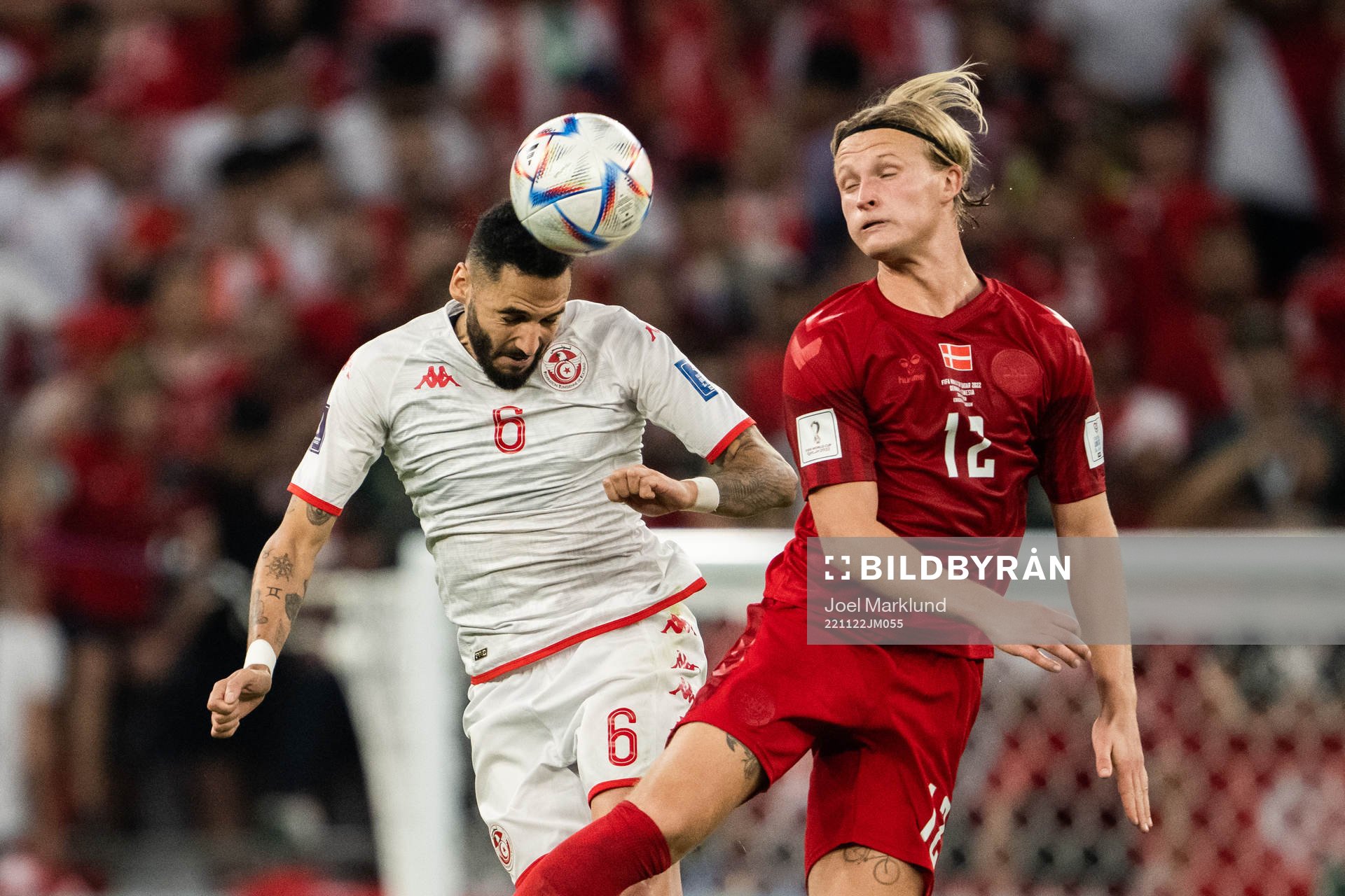 Dylan Bronn of Tunisia and Kasper Dolberg of Denmark