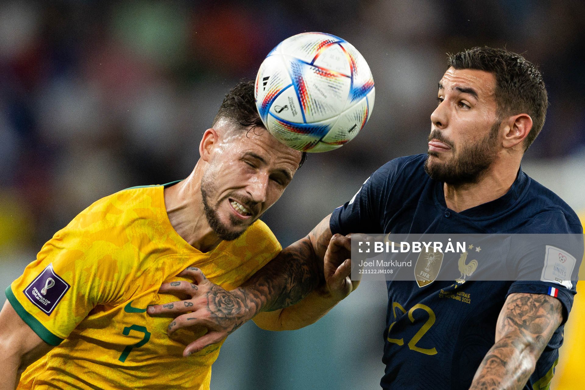 Mathew Leckie of Australia and Theo Hernandez of France during the FIFA World Cup 2022 football match between France and Australia on November 22, 2022 in Doha.
