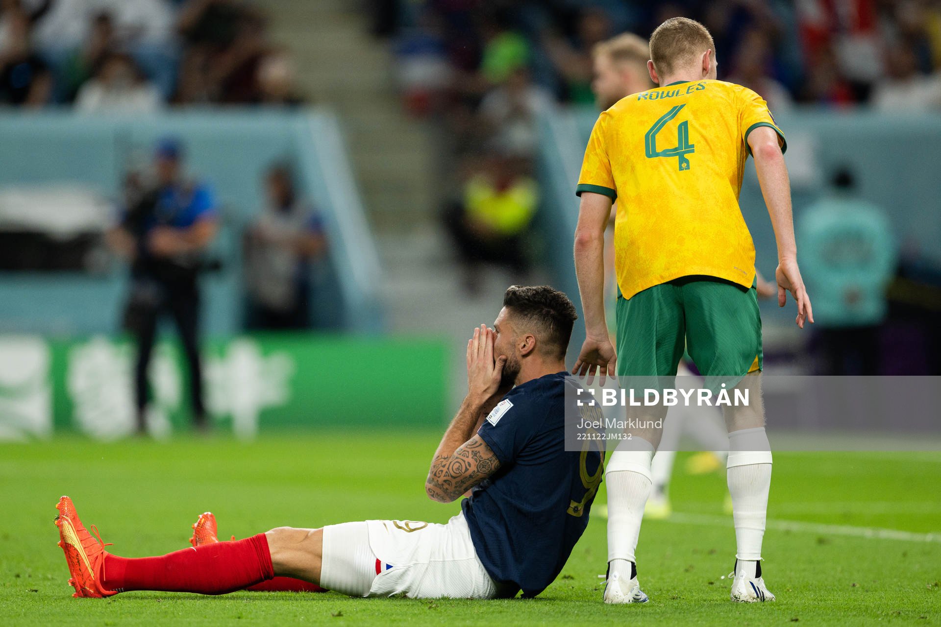 Olivier Giroud of France and Kye Rowles of Australia