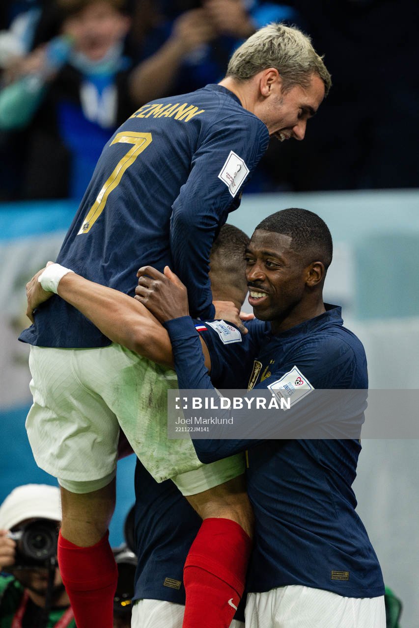 Antoine Griezmann, Dayot Upamecano and Kylian Mbappe of