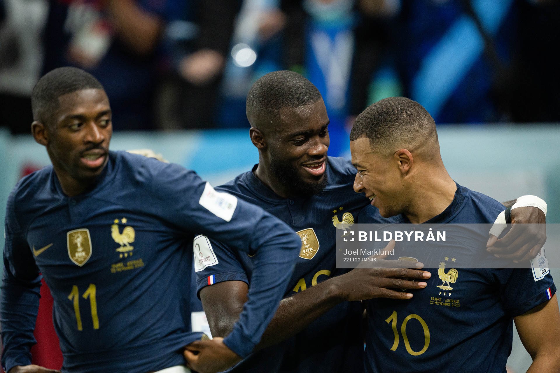 Ousmane Dembele, Dayot Upamecano and Kylian Mbappe of