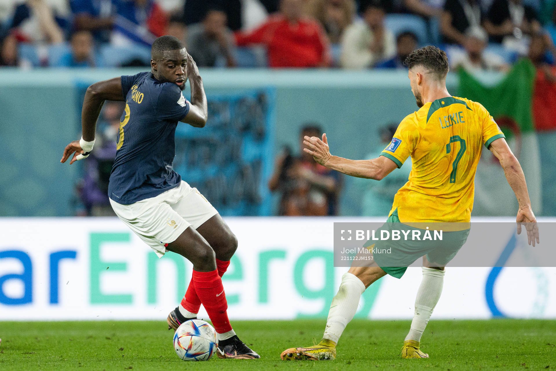 Dayot Upamecano of France against Mathew Leckie of Australia