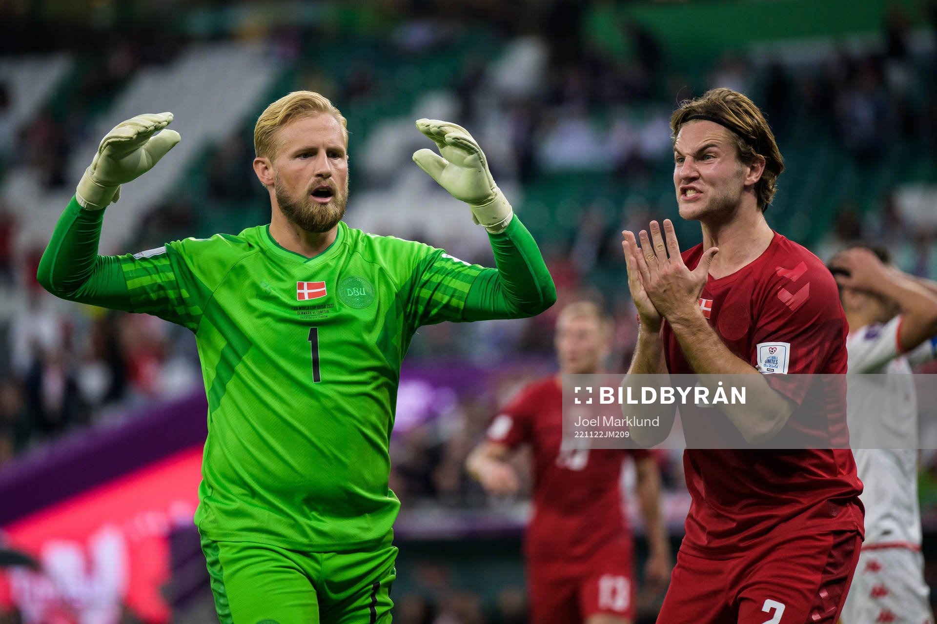 Goalkeeper Kasper Schmeichel and Joachim Andersen of
