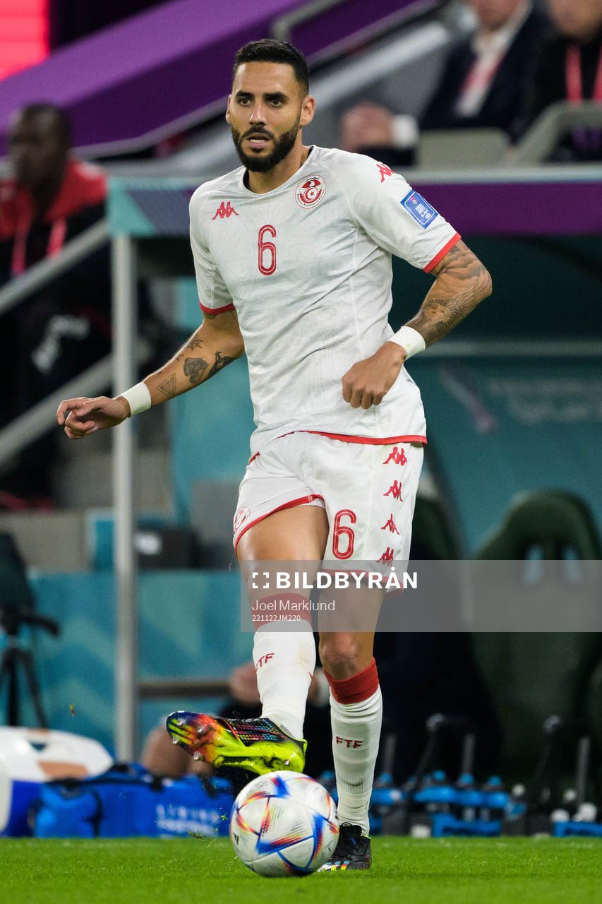 Dylan Bronn of Tunisia during the FIFA World Cup 2022 football match between Denmark and Tunisia on November 22, 2022 in Doha.