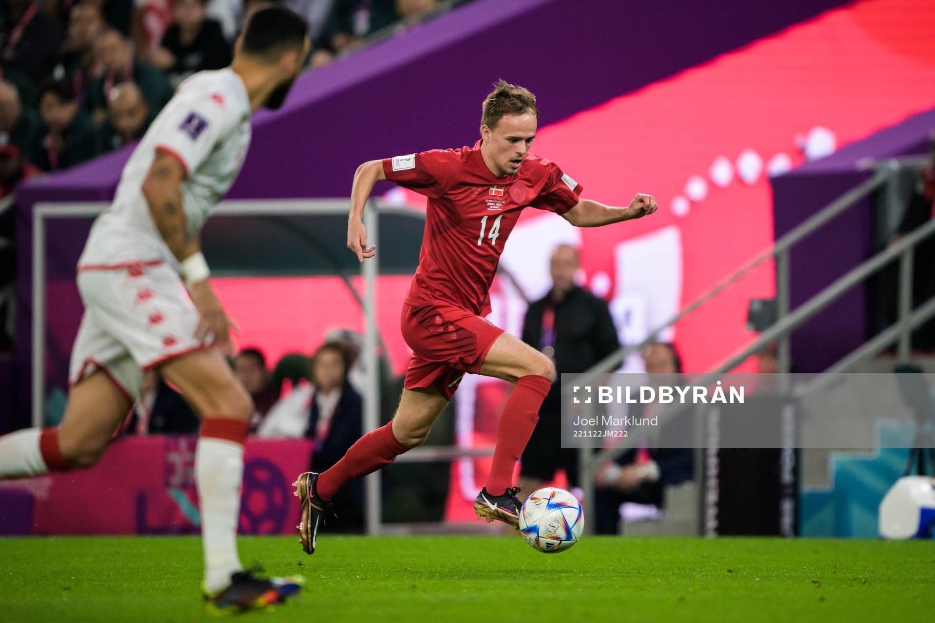 Mikkel Damsgaard of Denmark during the FIFA World Cup 2022 football match between Denmark and Tunisia on November 22, 2022 in Doha.