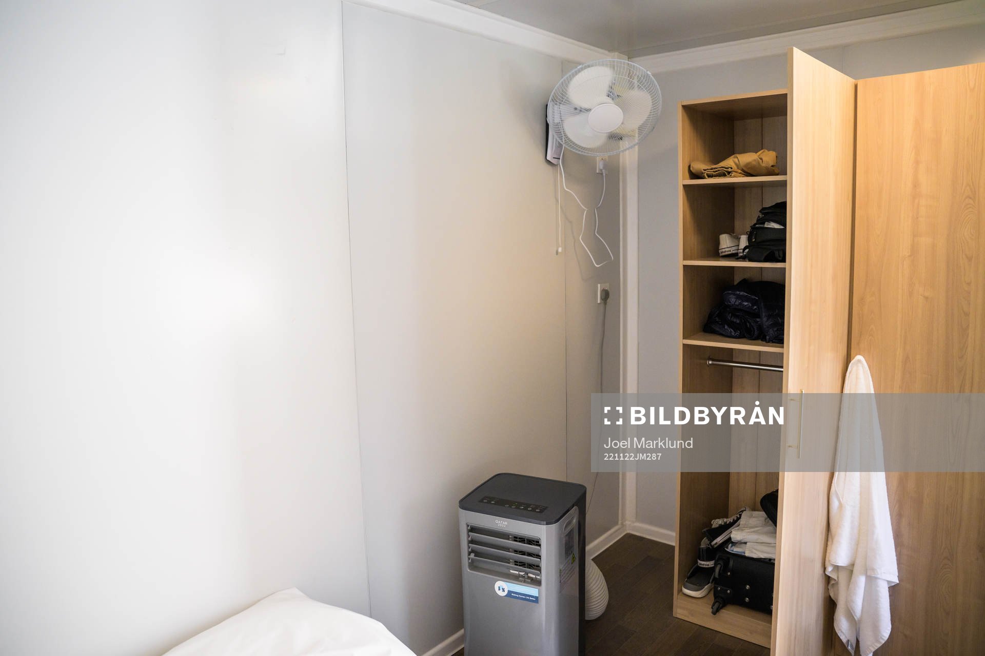A fan and air cooling device in a room at Fan Village Cabins Free Zone during day 3 of the FIFA World Cup 2022 on November 22, 2022 in Doha.