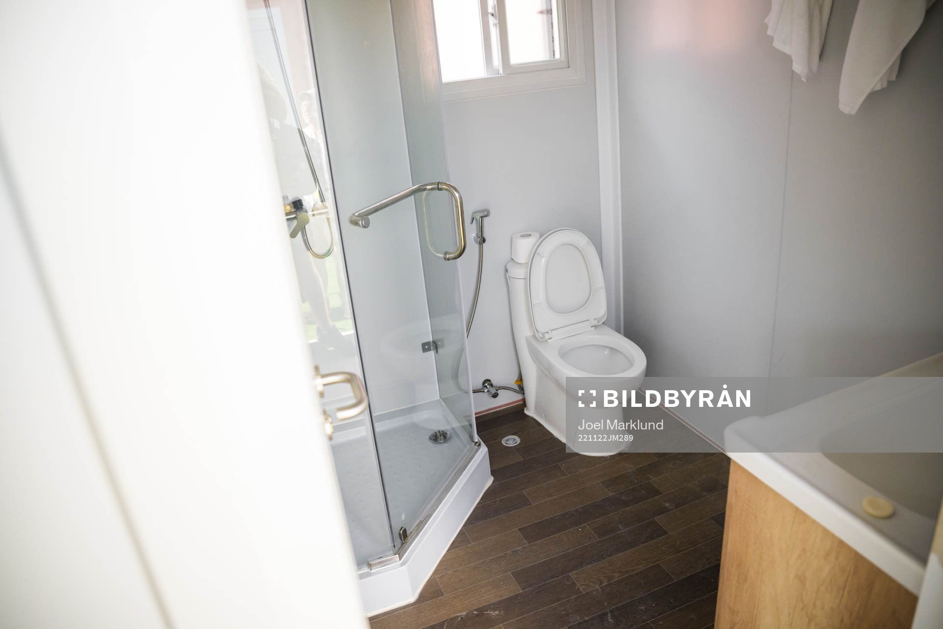 A bathroom in a room at Fan Village Cabins Free Zone during day 3 of the FIFA World Cup 2022 on November 22, 2022 in Doha. 