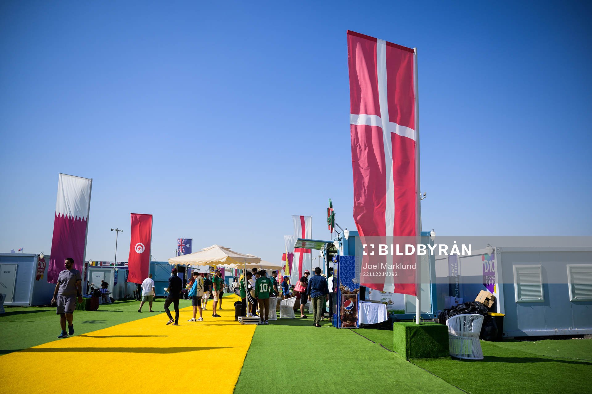 A Danish flag at Fan Village Cabins Free Zone during day 3 of the FIFA World Cup 2022 on November 22, 2022 in Doha. 
