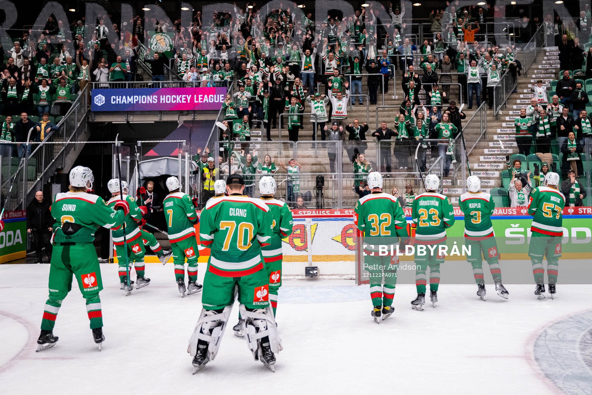 Players and fans of Rögle celebrate