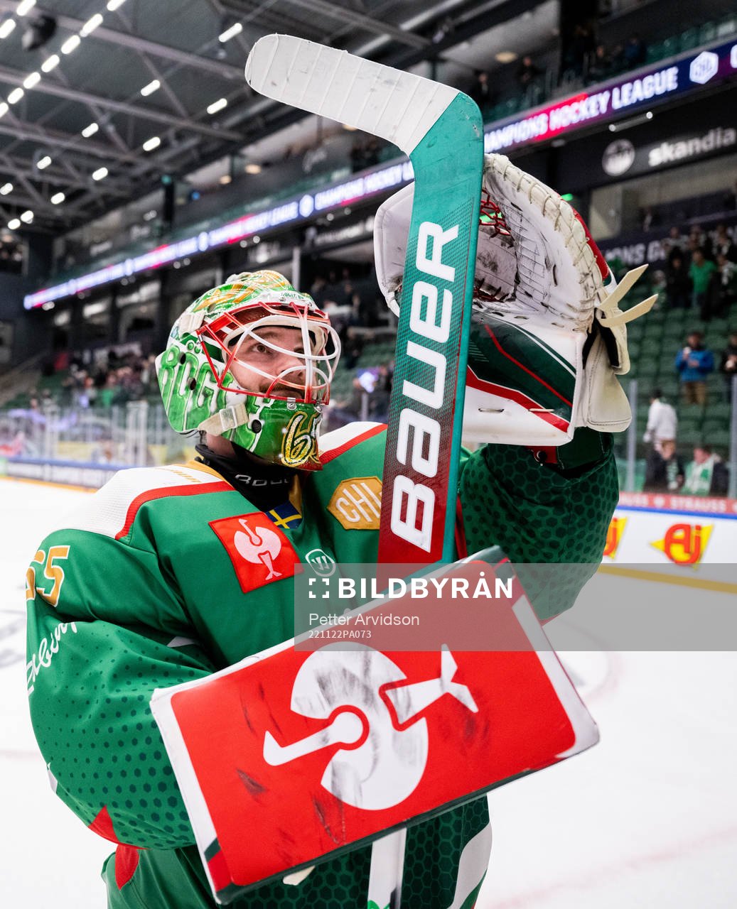 Goalkeeper Christoffer Rifalk of Rögle celebrates