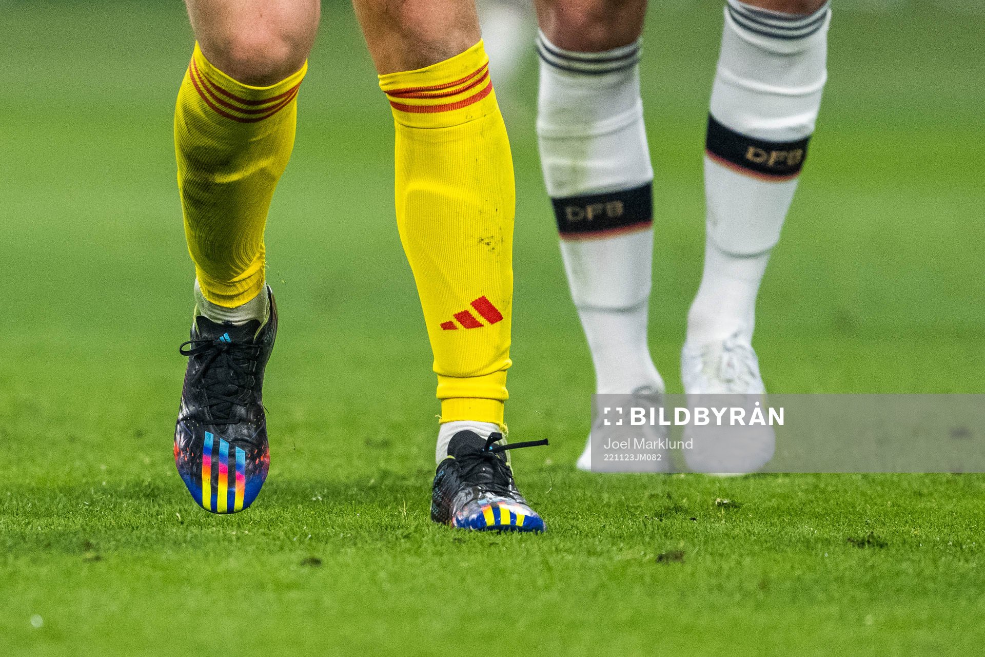 The shoes of goalkeeper Manuel Neuer of Germany during the FIFA World Cup 2022 football match between Germany and Japan on November 23, 2022 in Doha.