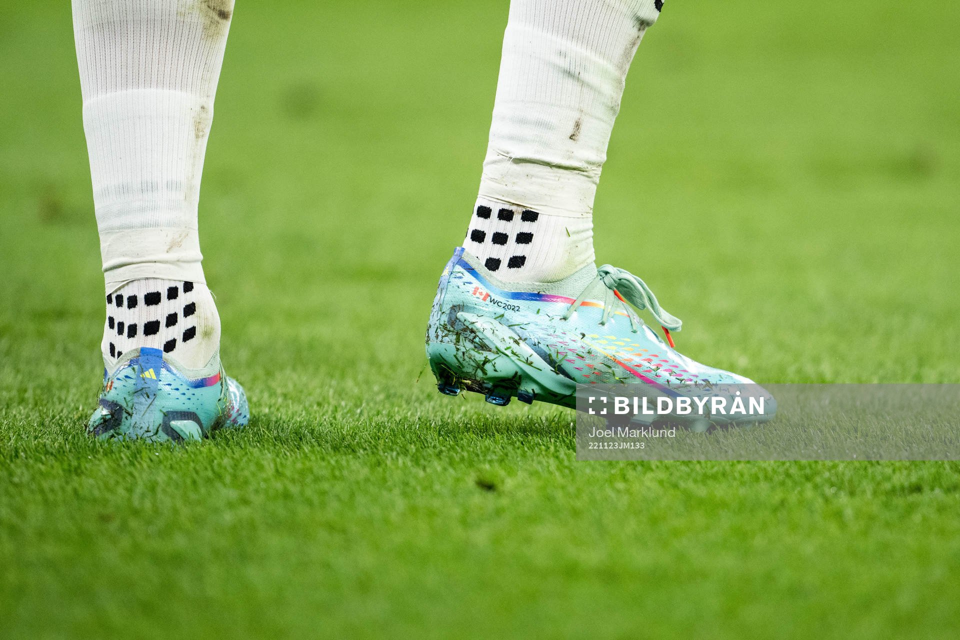 Alistair Johnston of Canada’s shoes with rainbow details
