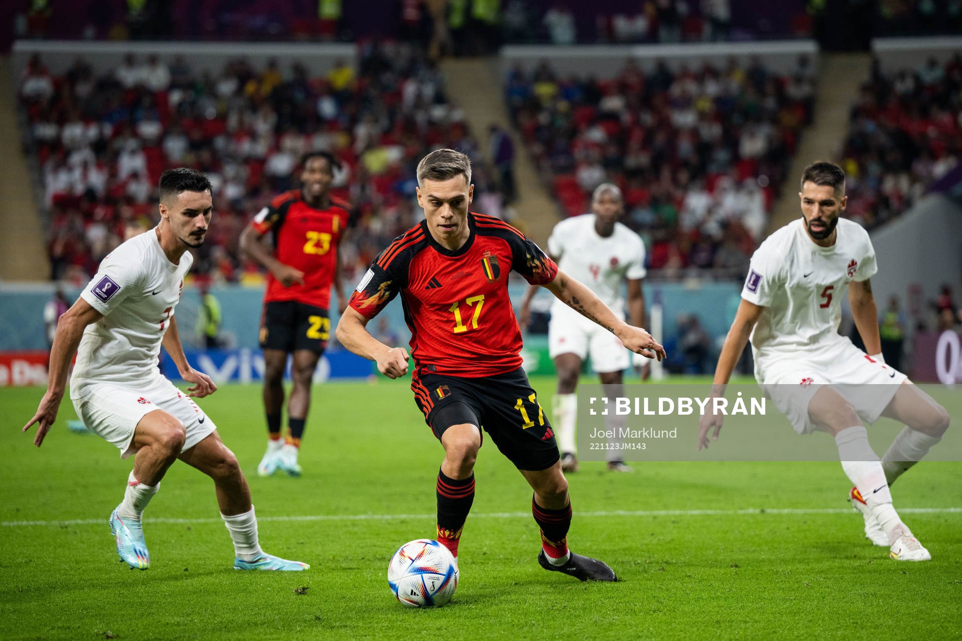 Leandro Trossard of Belgium against Stephen Eustaquio and