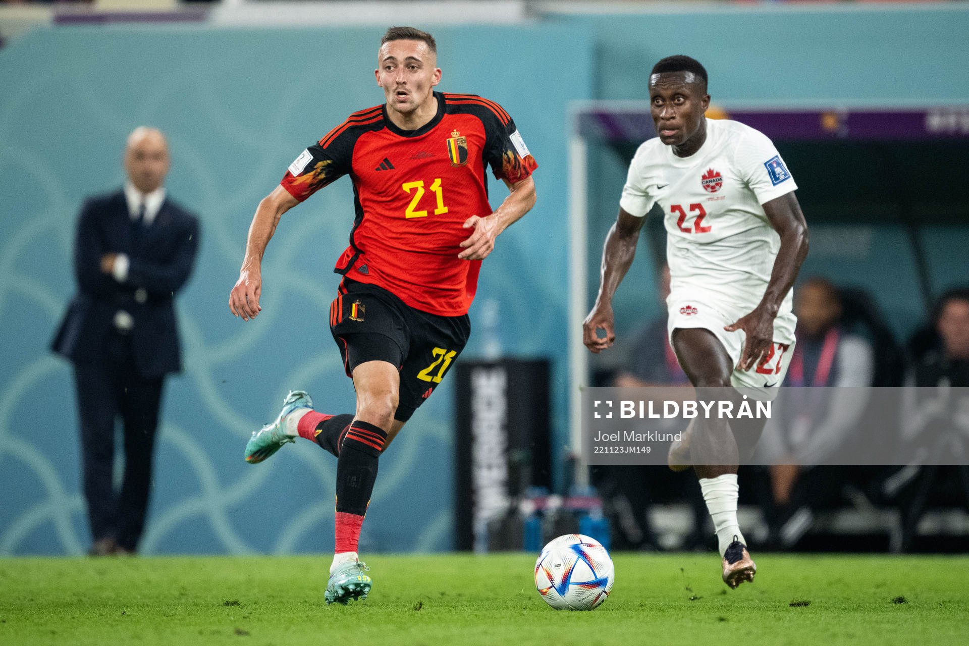 Timothy Castagne of Belgium and Richie Laryea of Canada during the FIFA World Cup 2022 football match between Belgium and Canada on November 23, 2022 in Doha.