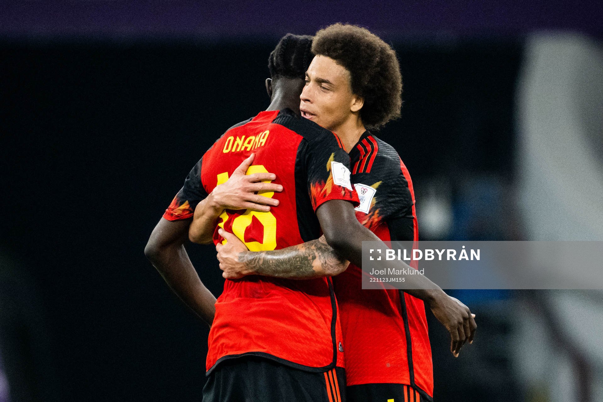 Amadou Onana and Axel Witsel of Belgium after the FIFA World Cup 2022 football match between Belgium and Canada on November 23, 2022 in Doha.