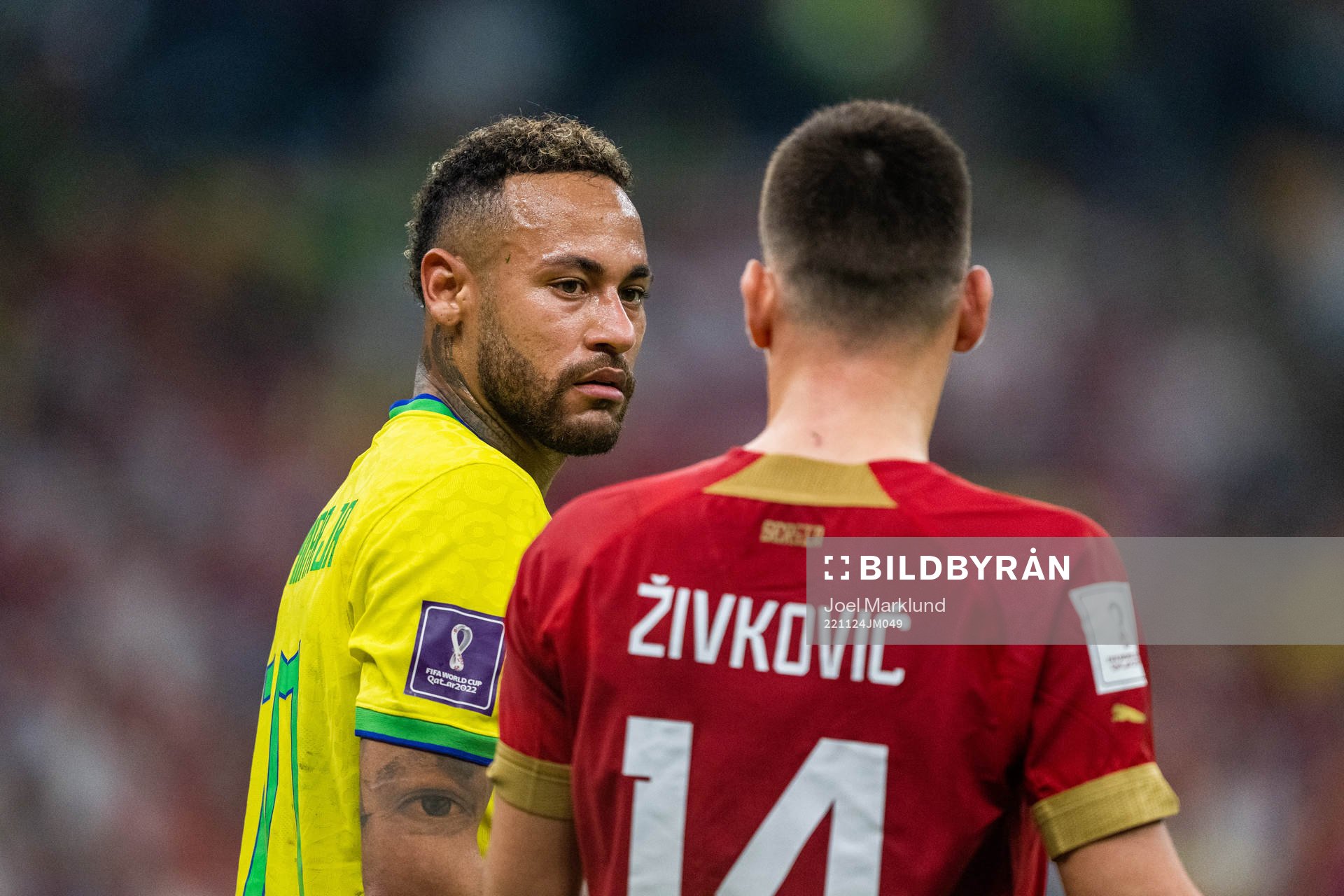Neymar of Brazil and Andrija Zivkovic of Serbia