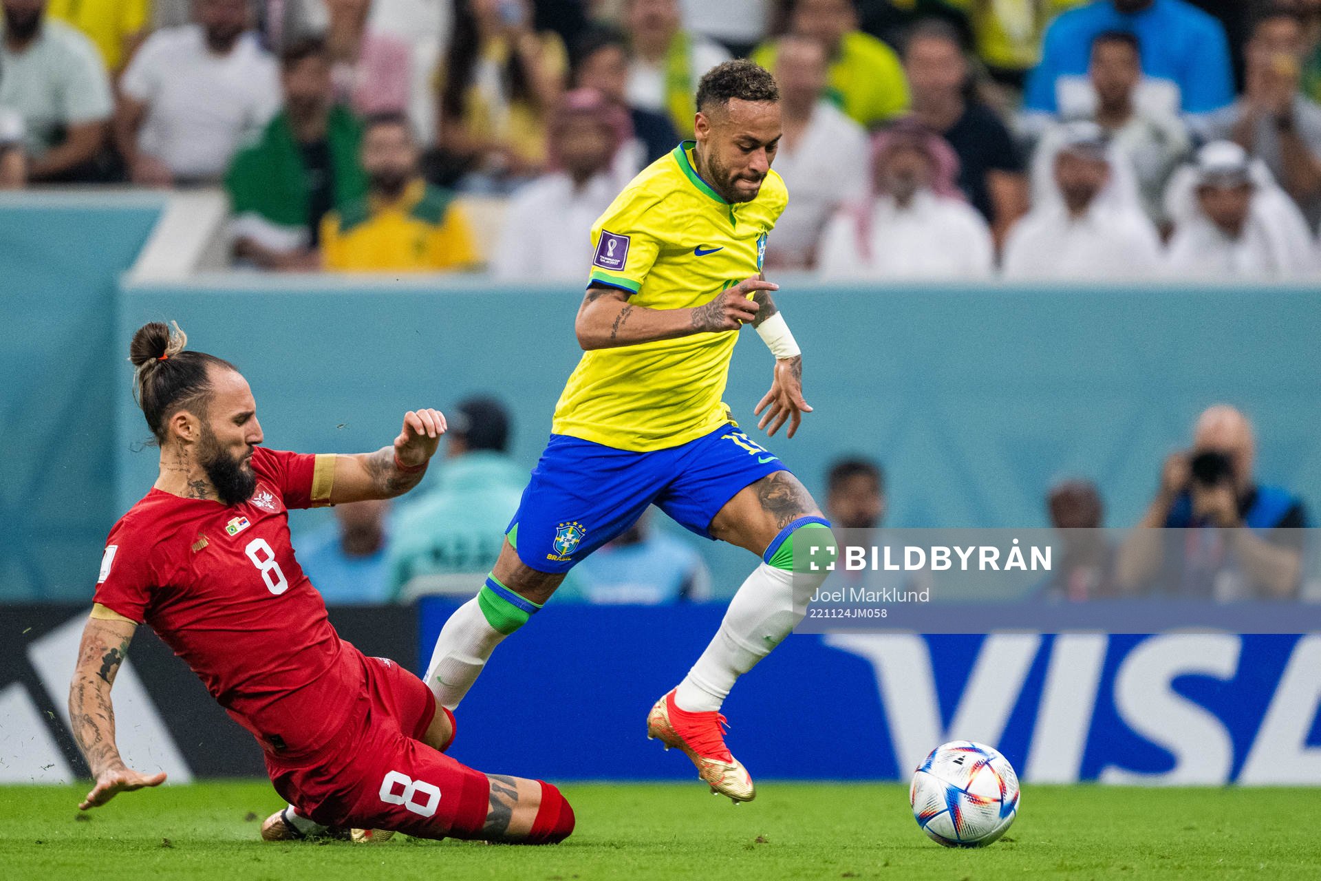 Nemanja Gudelj of Serbia and Neymar of Brazil during the FIFA World Cup 2022 football match between Brazil and Serbia on November 24, 2022 in Doha.