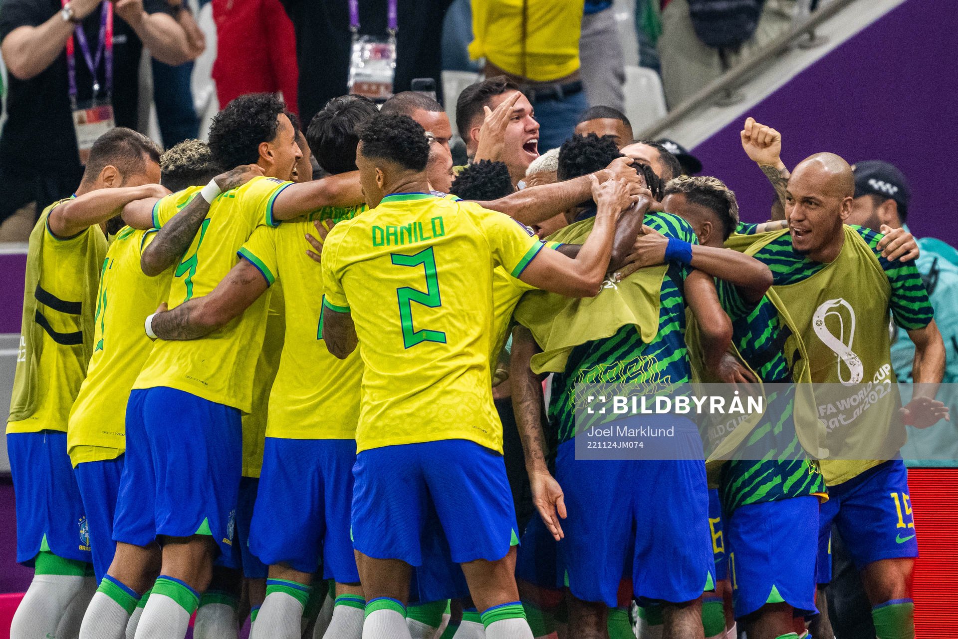 Richarlison of Brazil celebrates with team mates