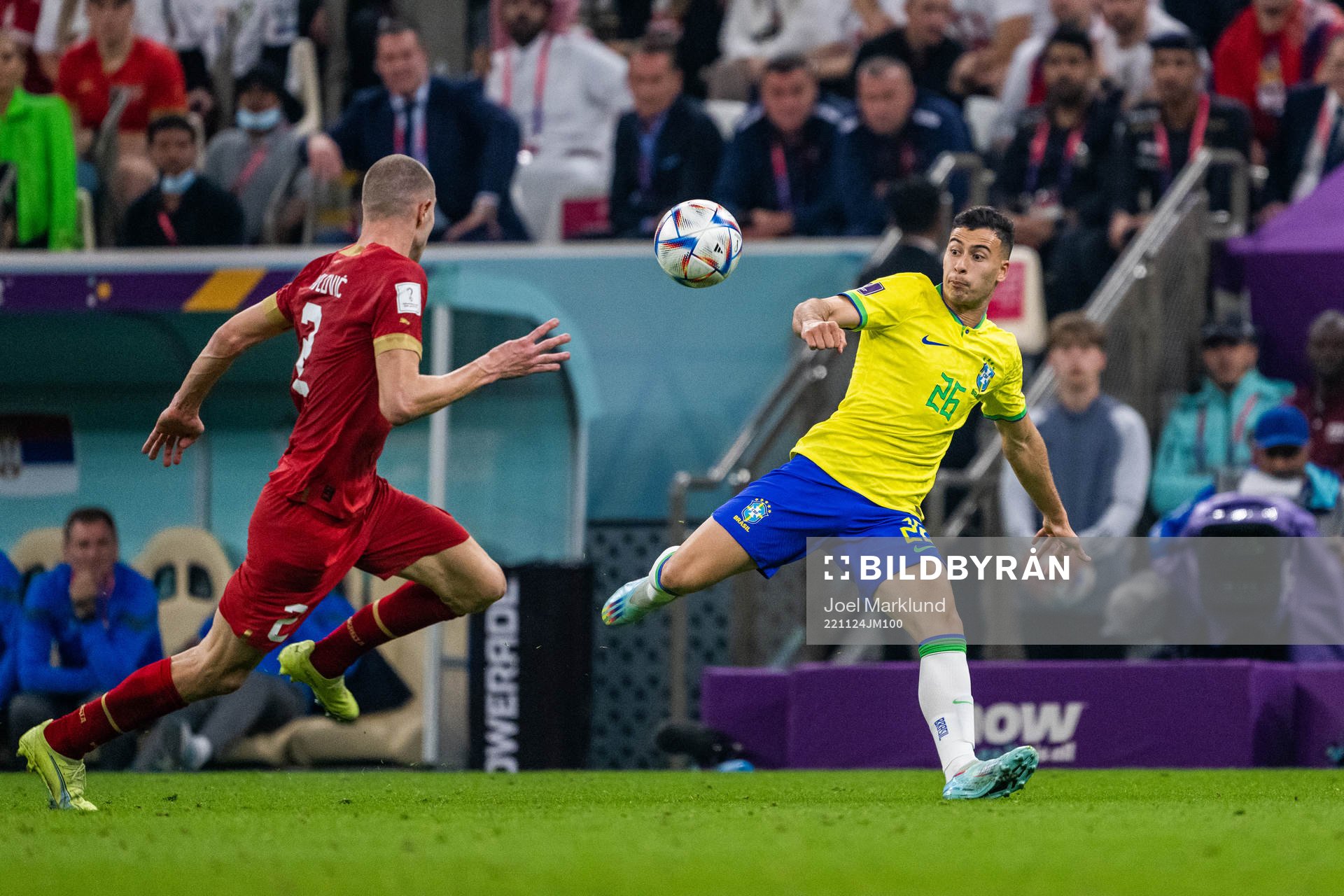 Strahinja Pavlovic of Serbia and Gabriel Martinelli of Brazil during the FIFA World Cup 2022 football match between Brazil and Serbia on November 24, 2022 in Doha.