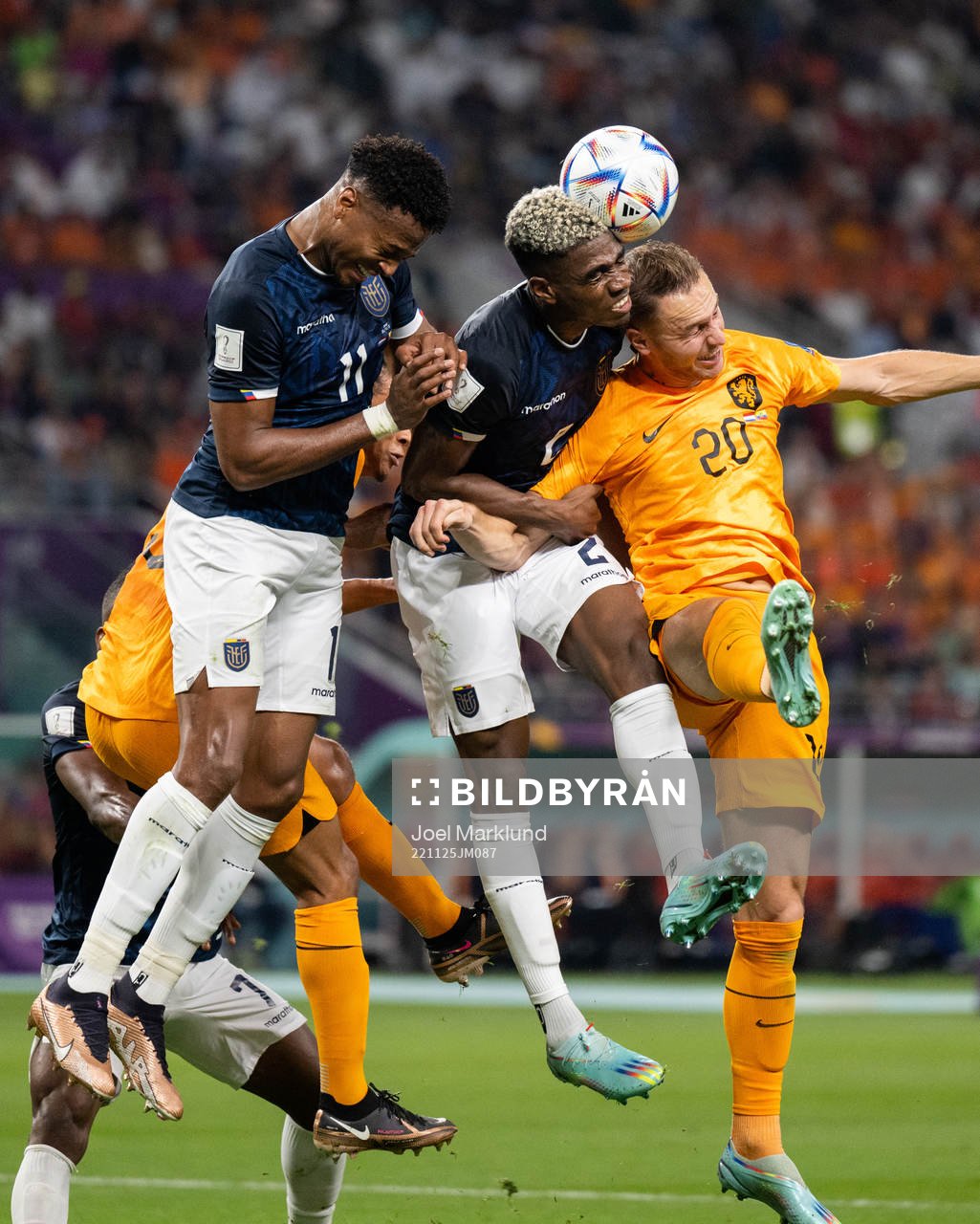 Michael Estrada and Felix Torres of Ecuador against Teun Koopmeiners of Netherlands during the FIFA World Cup 2022 football match between Netherlands and Ecuador on November 25, 2022 in Doha.