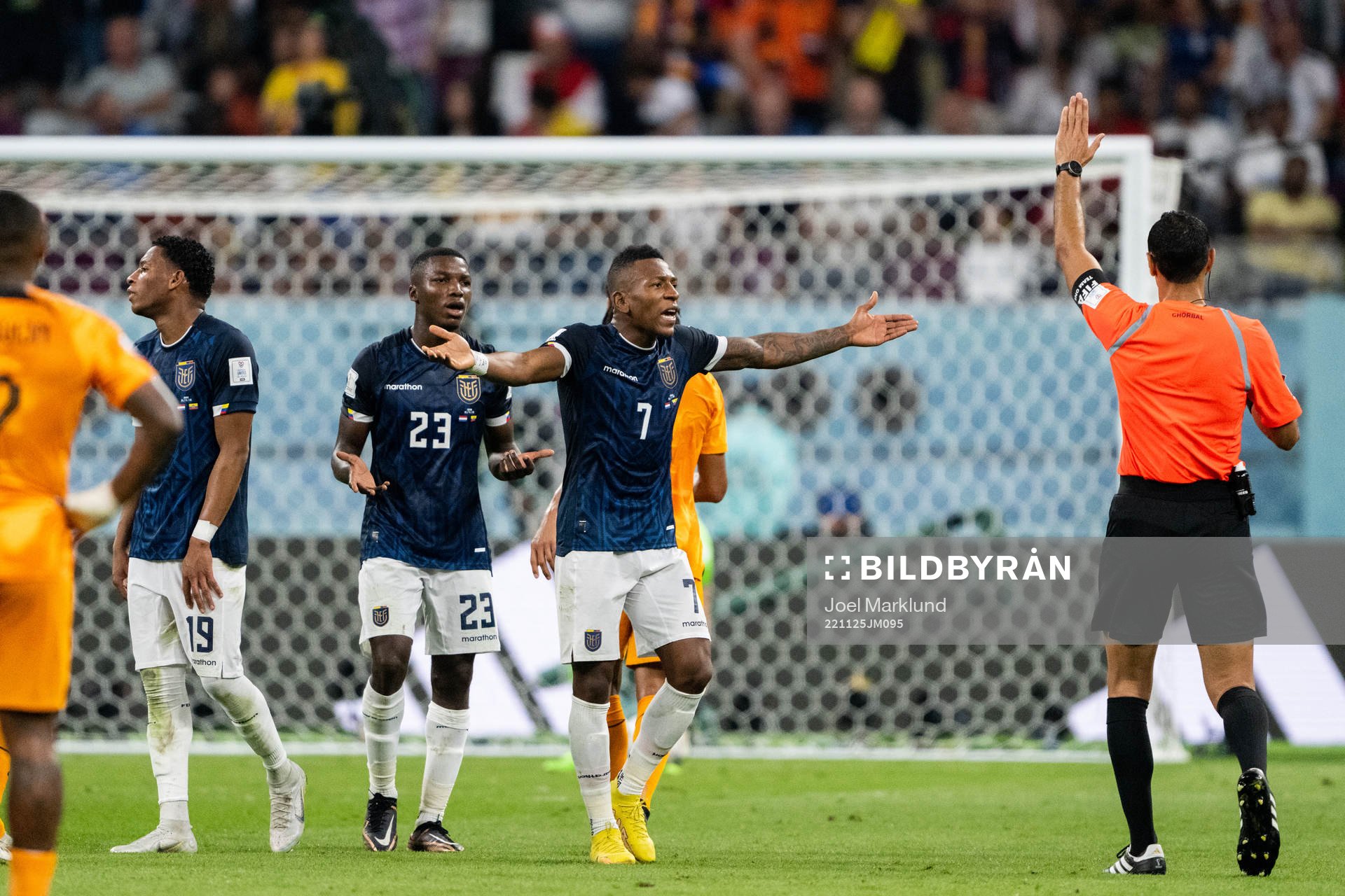 Mason Mount, Moises Caicedo and Pervis Estupinan of Ecuador