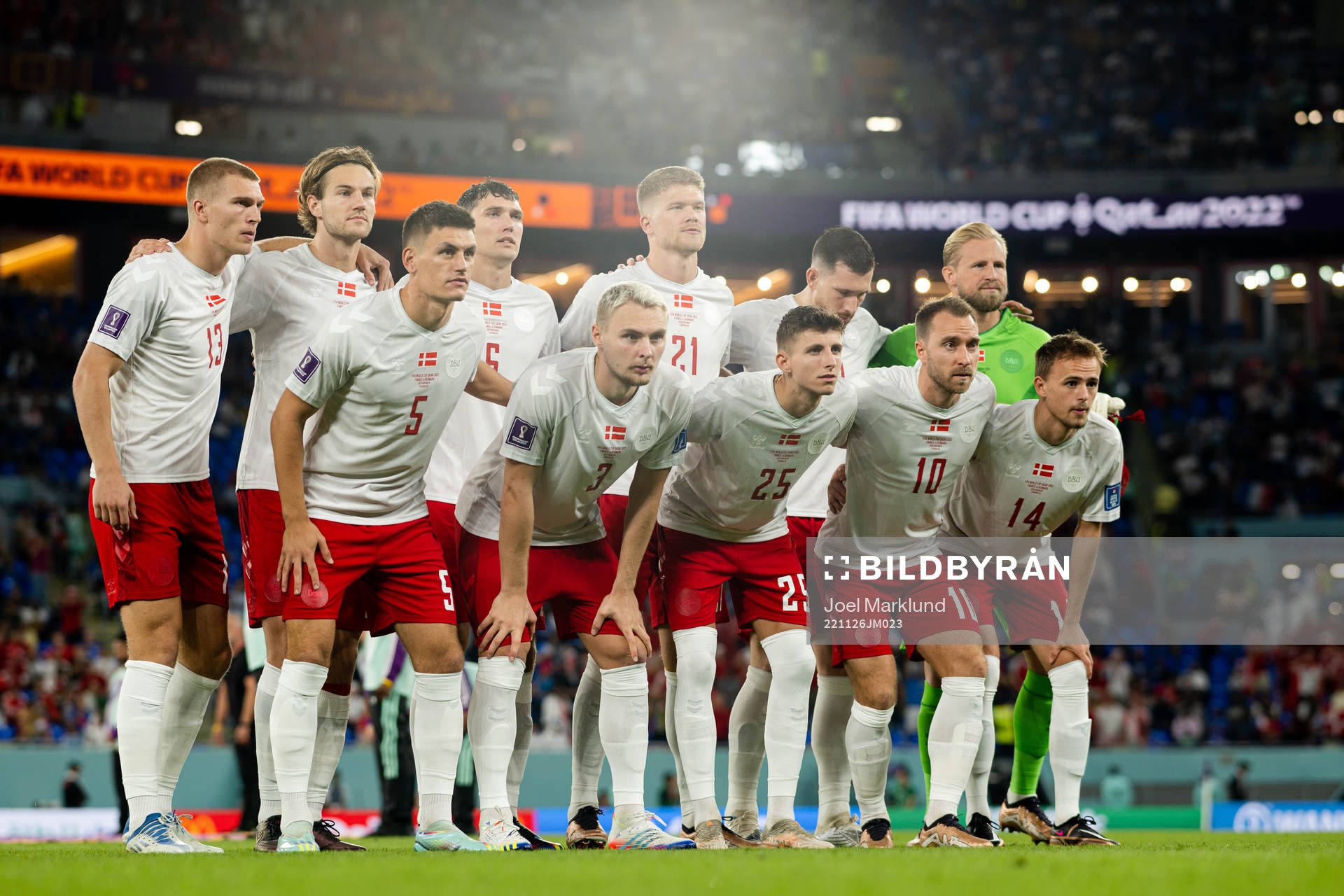 The starting eleven of Denmark ahead of the FIFA World Cup 2022 football match between France and Denmark on November 26, 2022 in Doha.