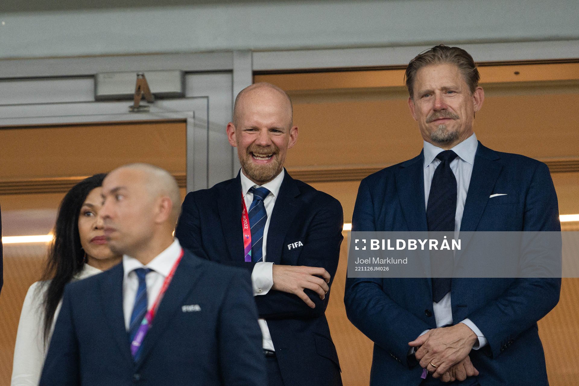 FIFA Deputy Secretary General Mattias Grafström and Peter Schmeichel ahead of the FIFA World Cup 2022 football match between France and Denmark on November 26, 2022 in Doha.