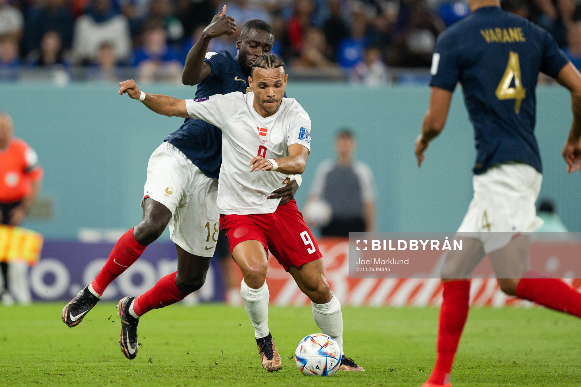 Remi Elie of France and Martin Braithwaite of Denmark