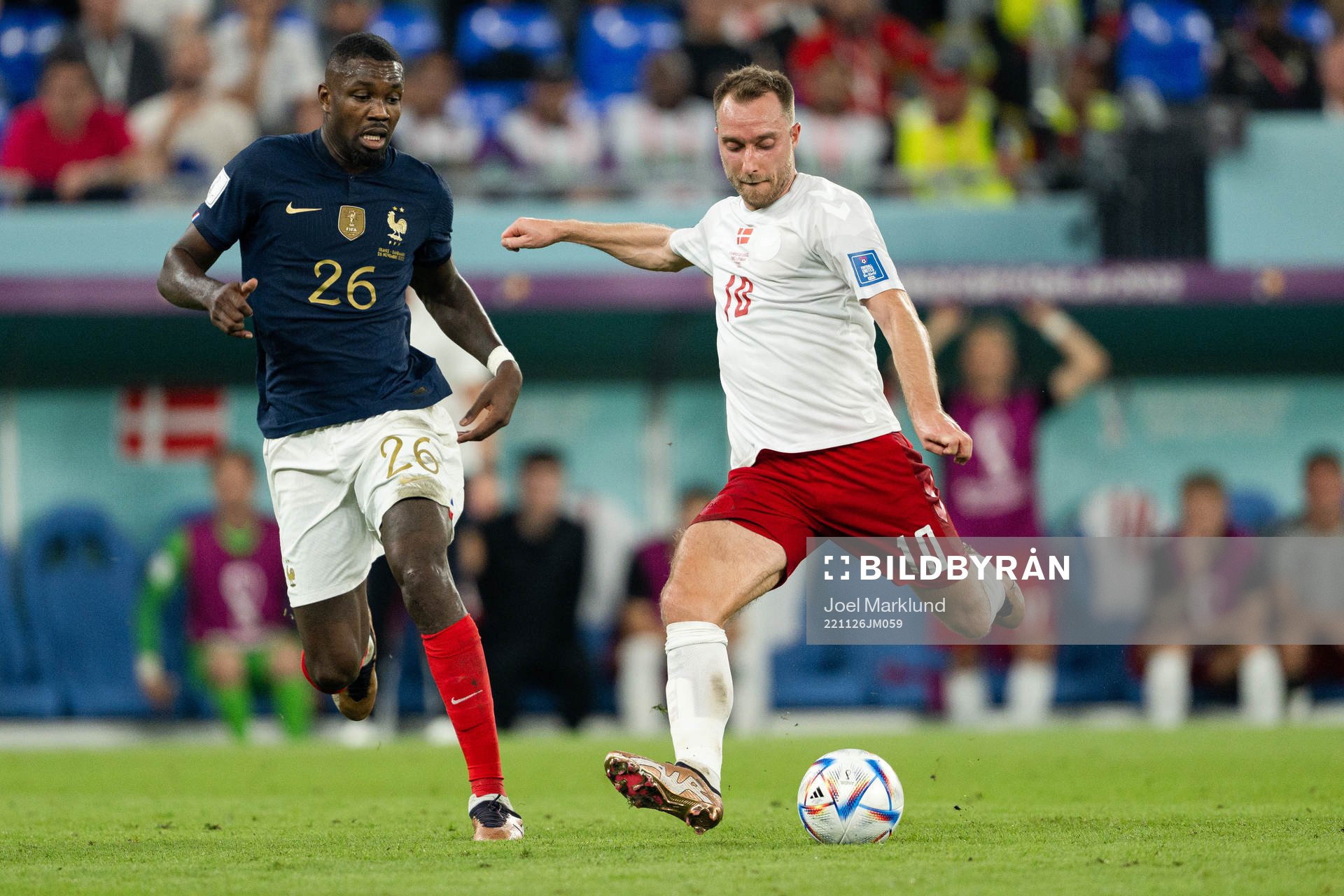 Marcus Thuram of France and Christian Eriksen of Denmark