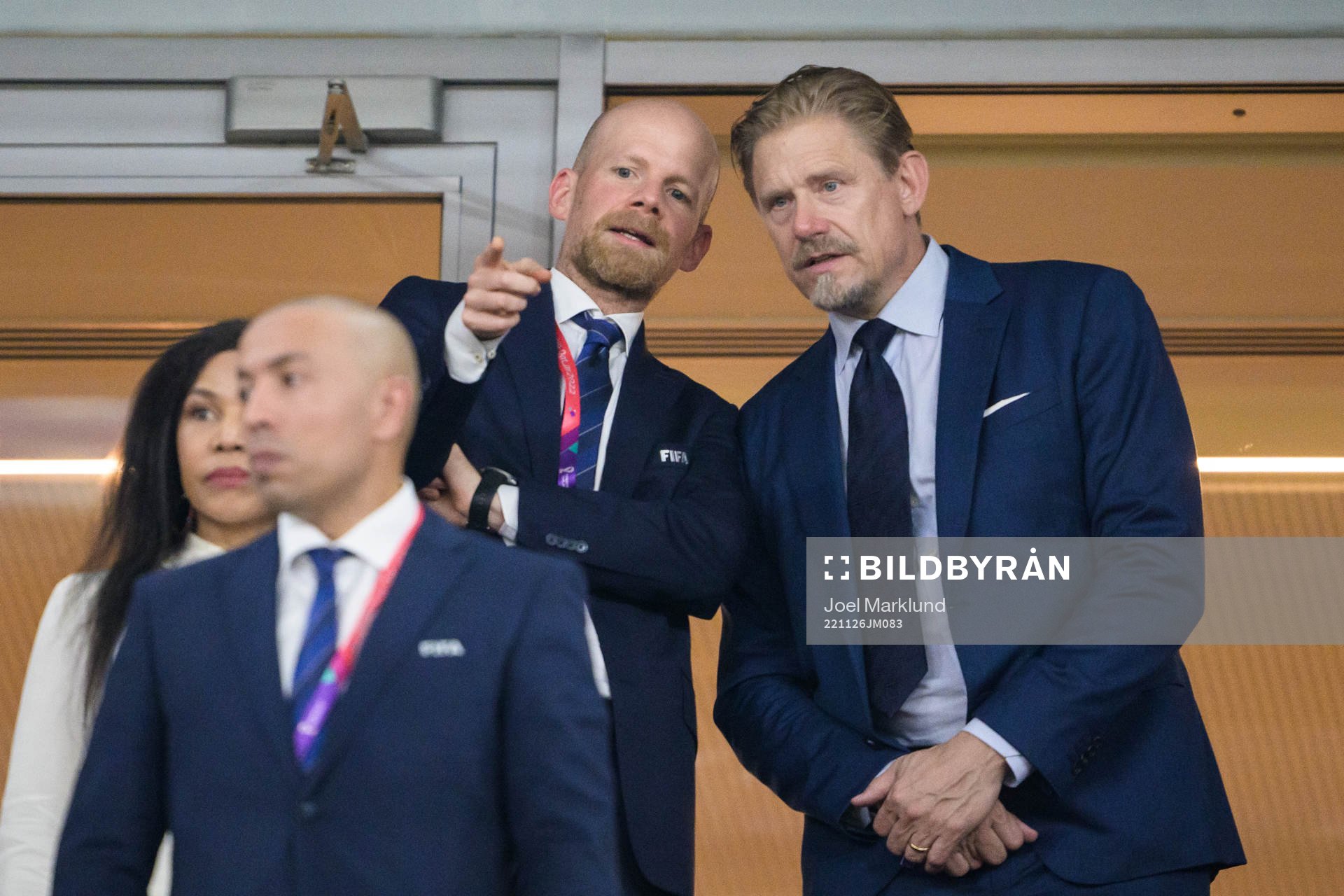 FIFA Deputy Secretary General Mattias Grafström and Peter Schmeichel during the FIFA World Cup 2022 football match between France and Denmark on November 26, 2022 in Doha.