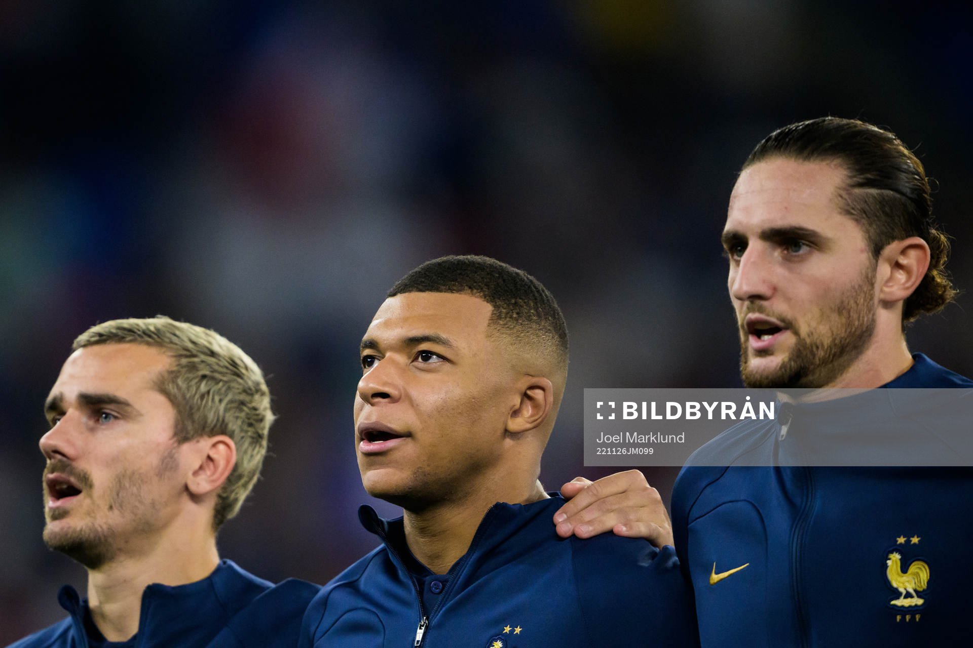 Antoine Griezmann, Kylian Mbappe and Adrien Rabiot of France
