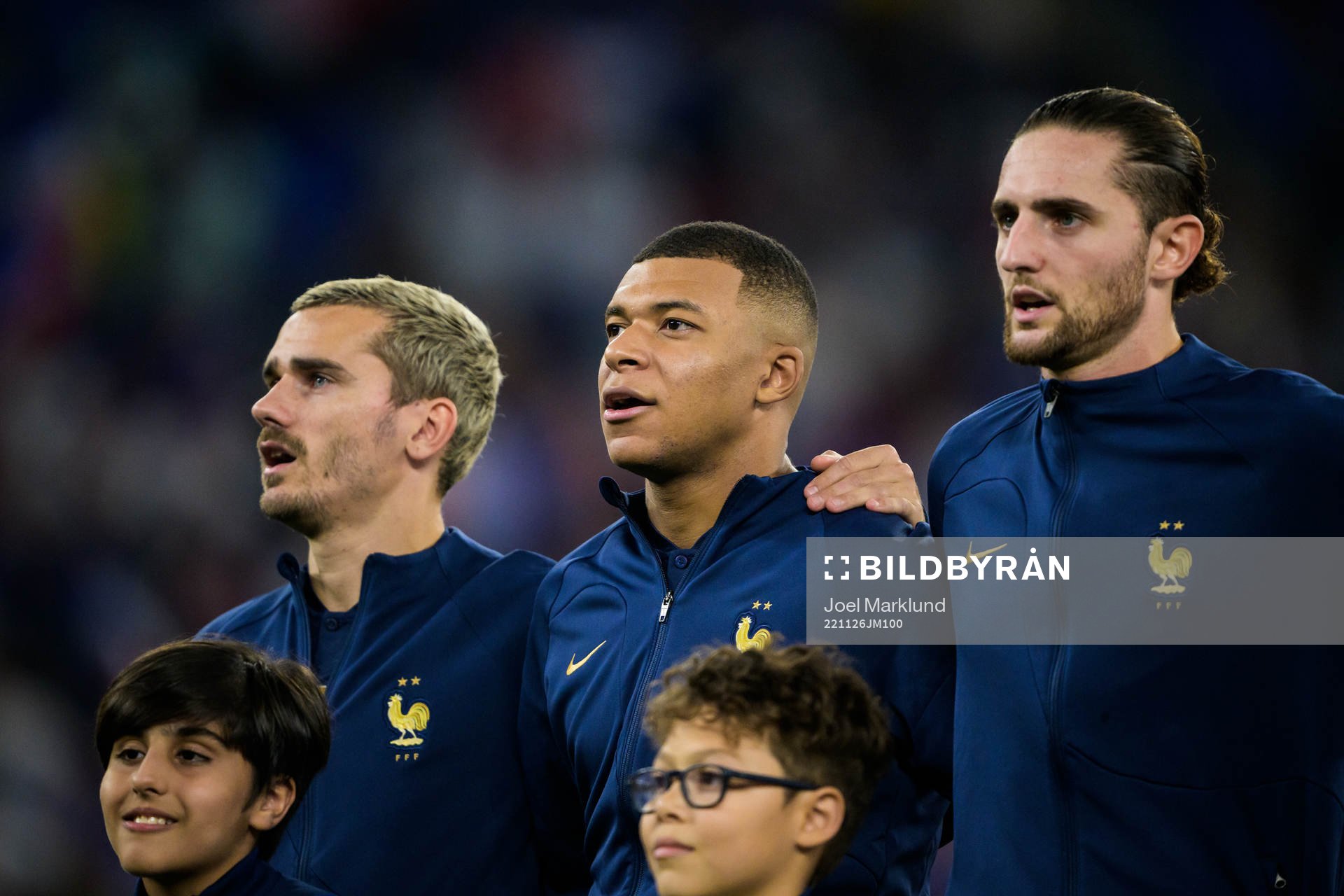 Antoine Griezmann, Kylian Mbappe and Adrien Rabiot of France