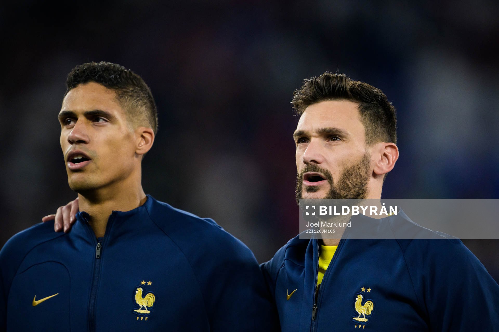 Raphael Varane and goalkeeper Hugo Lloris of France ahead of the FIFA World Cup 2022 football match between France and Denmark on November 26, 2022 in Doha.