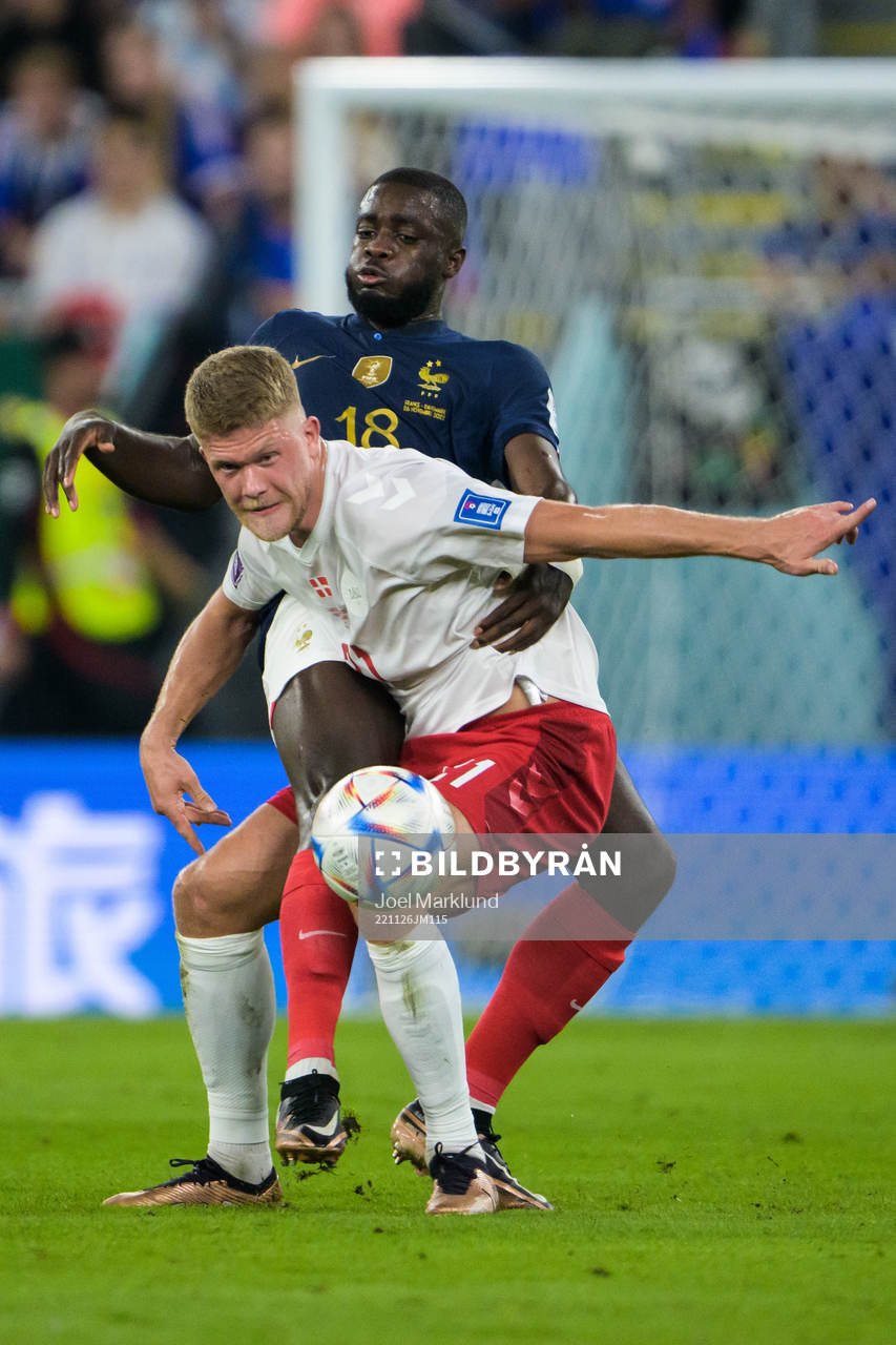 Andreas Cornelius of Denmark and Dayot Upamecano of France