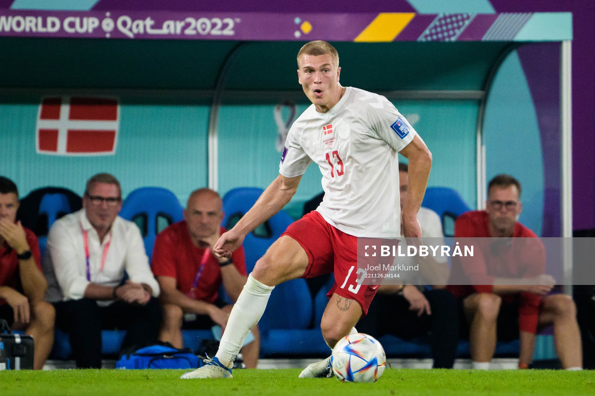 Rasmus Kristensen of Denmark during the FIFA World Cup 2022 football match between France and Denmark on November 26, 2022 in Doha.