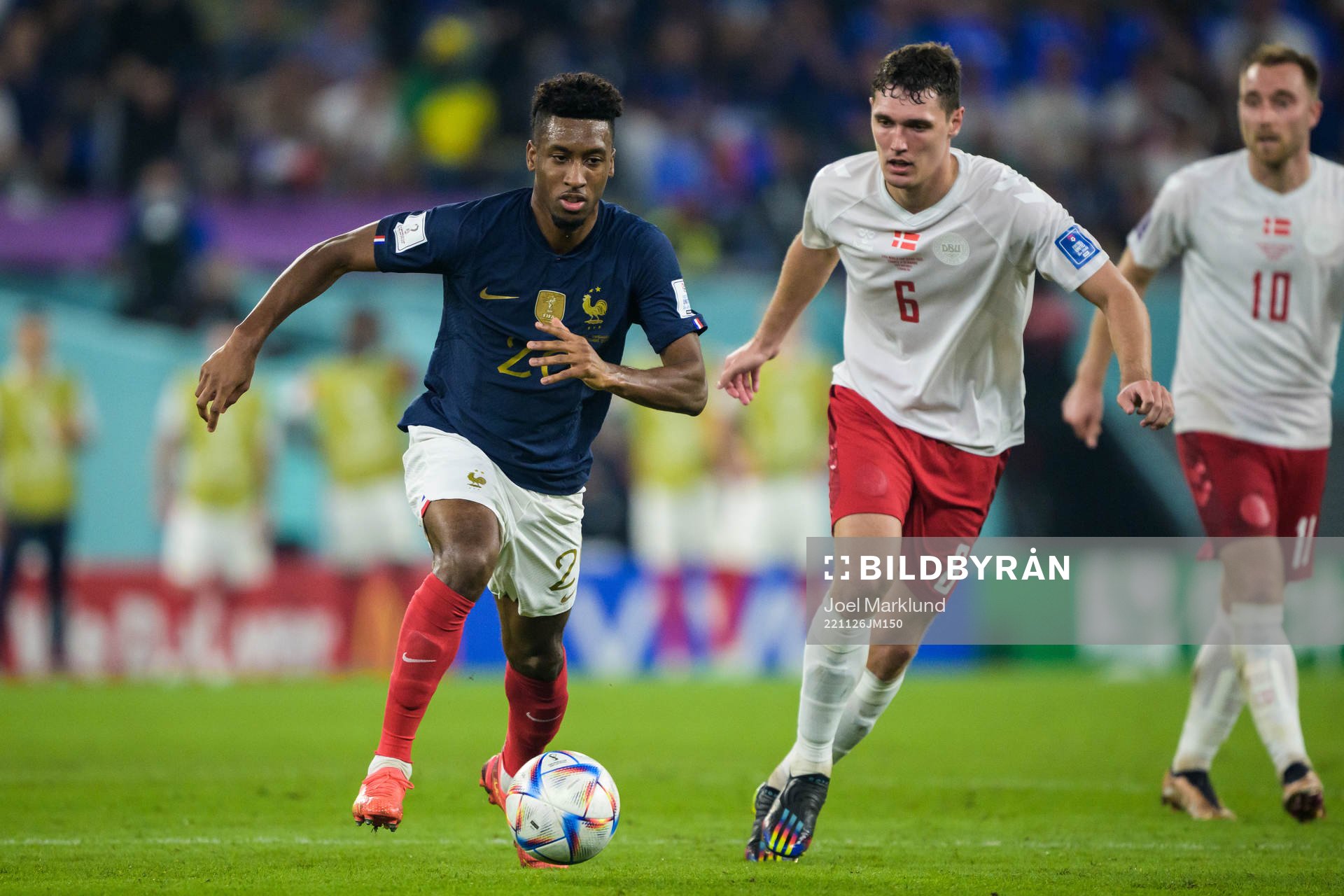 Kingsley Coman of France and Andreas Christensen of Denmark