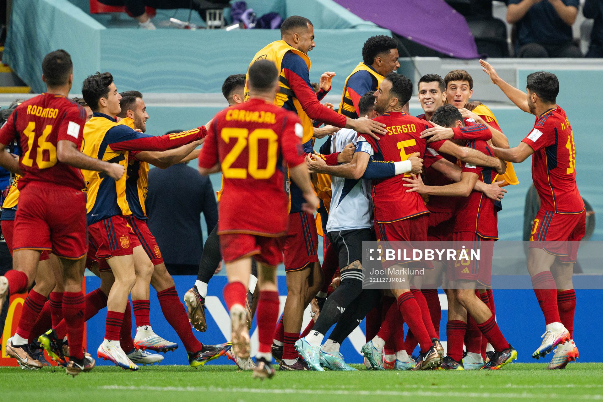 Alvaro Morata of Spain celebrates with teammates