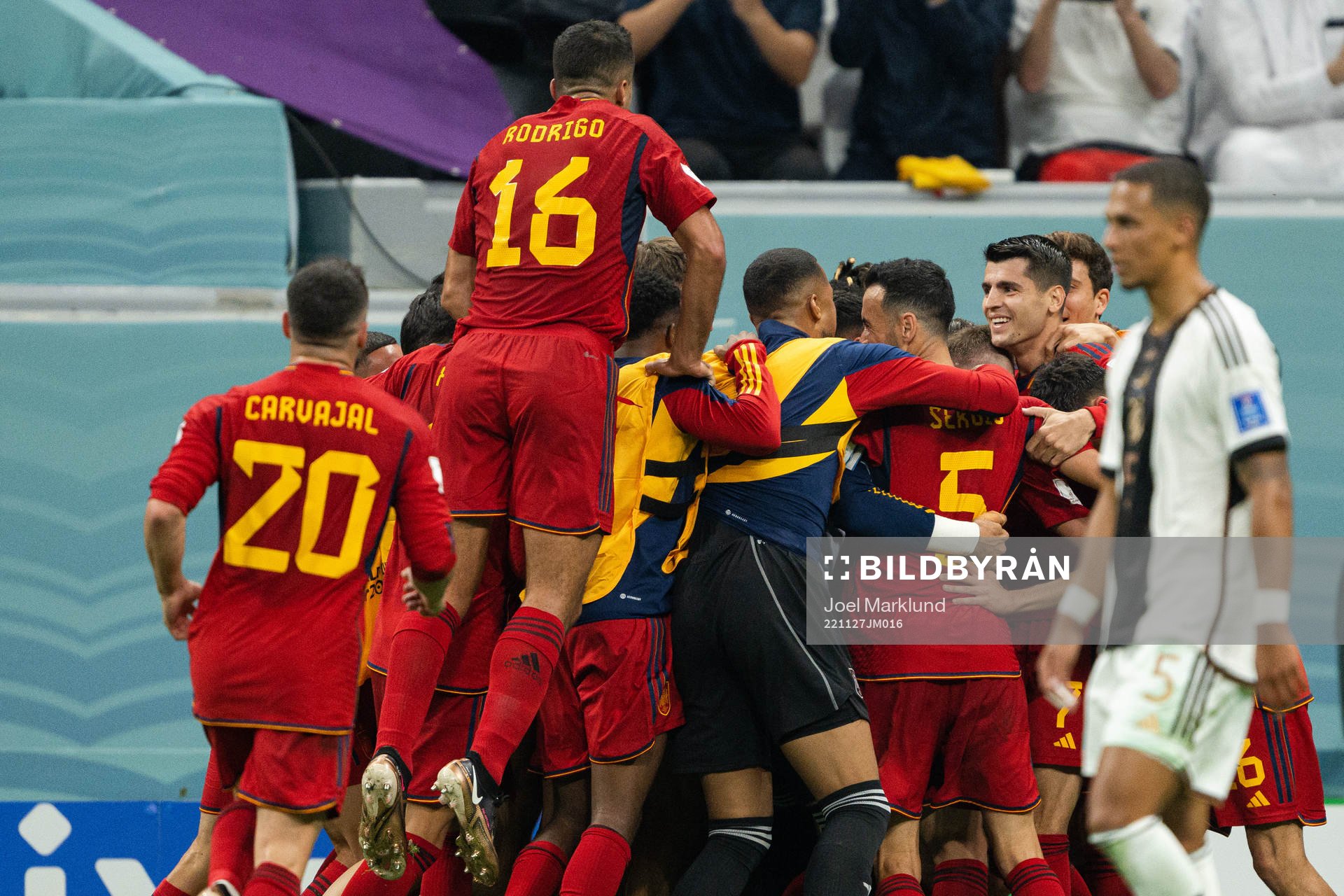 Alvaro Morata of Spain celebrates with teammates
