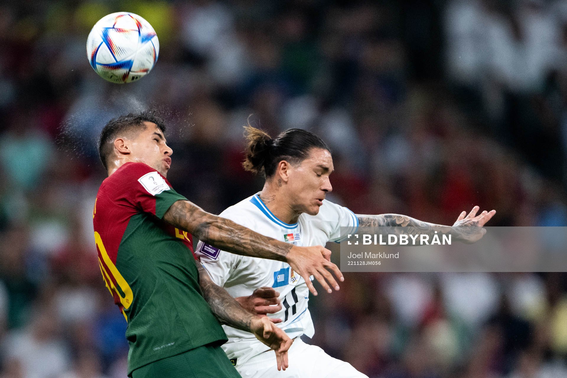 Joao Cancelo of Portugal and Darwin Nunez of Uruguay during the FIFA World Cup 2022 football match between Portugal and Uruguay on November 28, 2022 in Doha. 