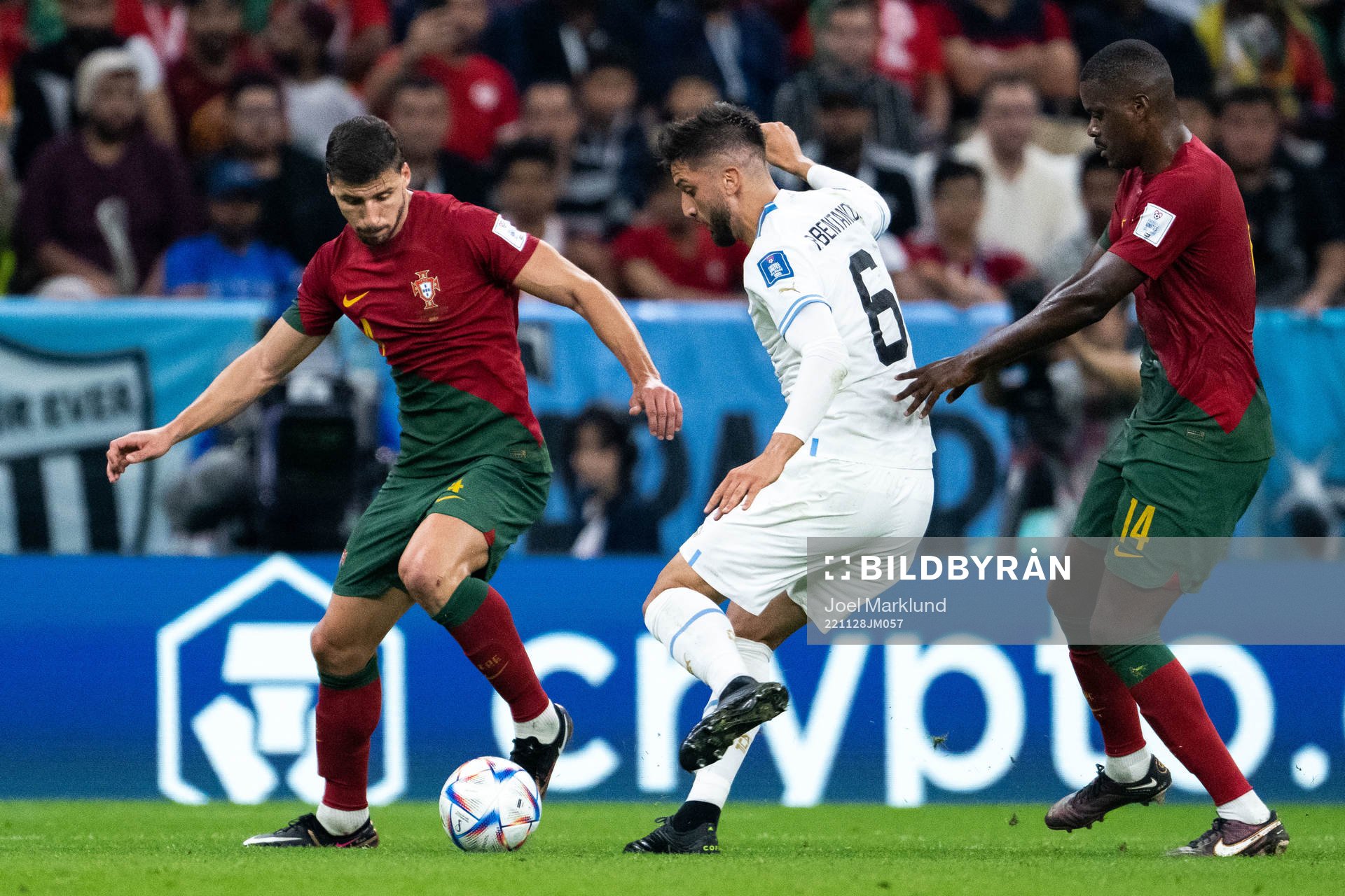 Ruben Dias and William Carvalho of Portugal and Rodrigo Bentancur of Uruguay during the FIFA World Cup 2022 football match between Portugal and Uruguay on November 28, 2022 in Doha.