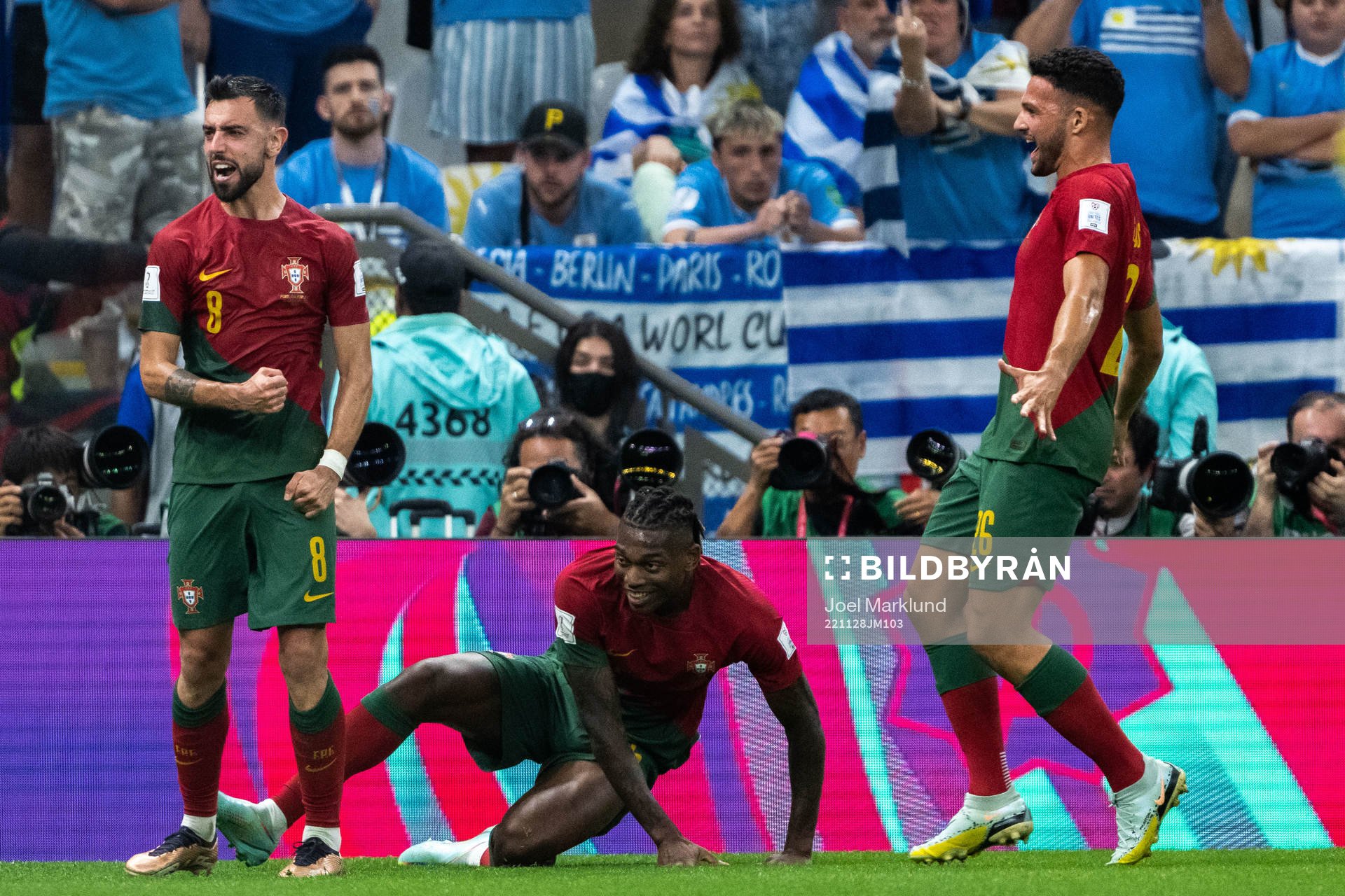 Bruno Fernandes of Portugal celebrates with Rafael Leao and