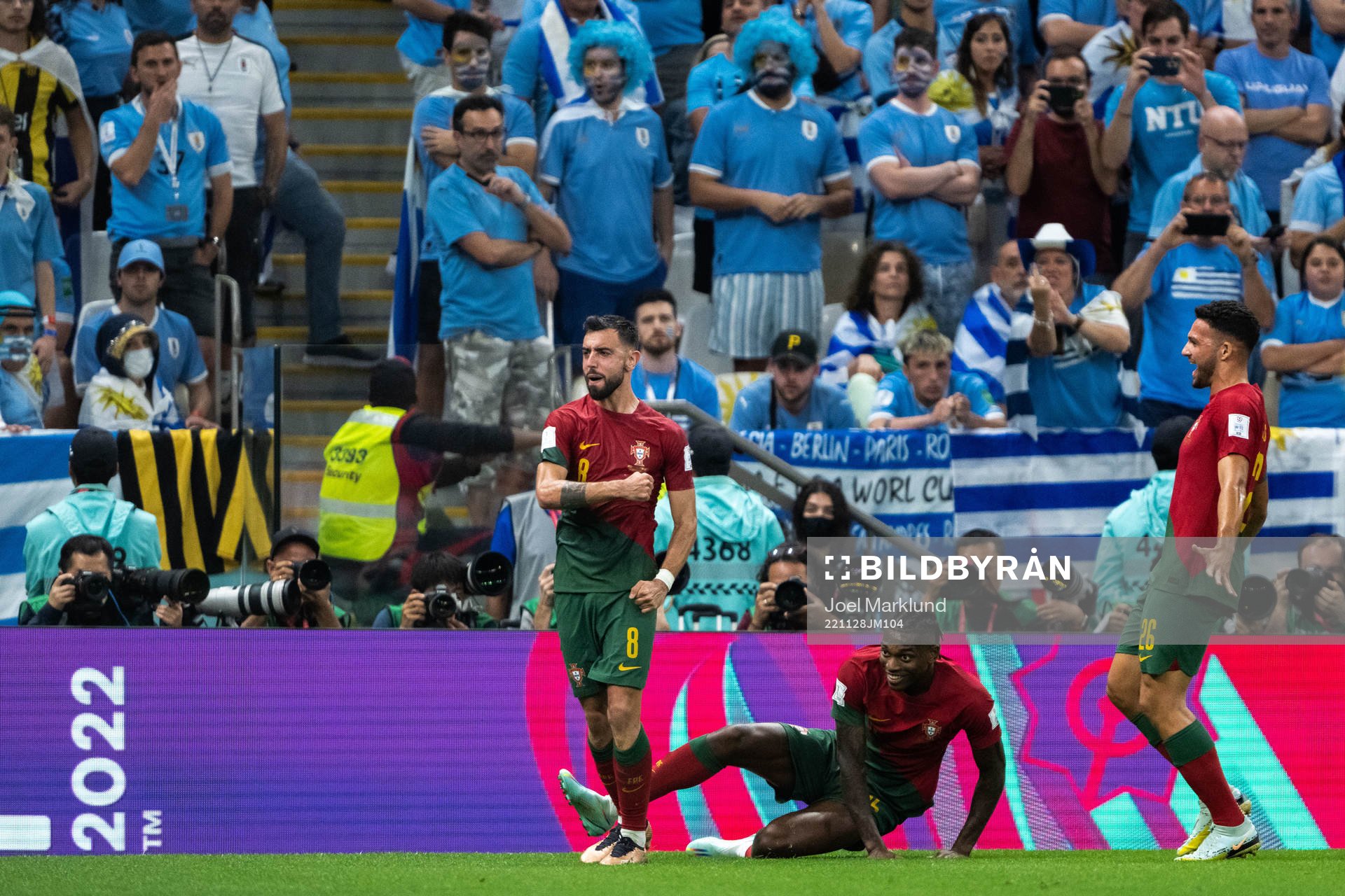 Bruno Fernandes of Portugal celebrates with Rafael Leao and