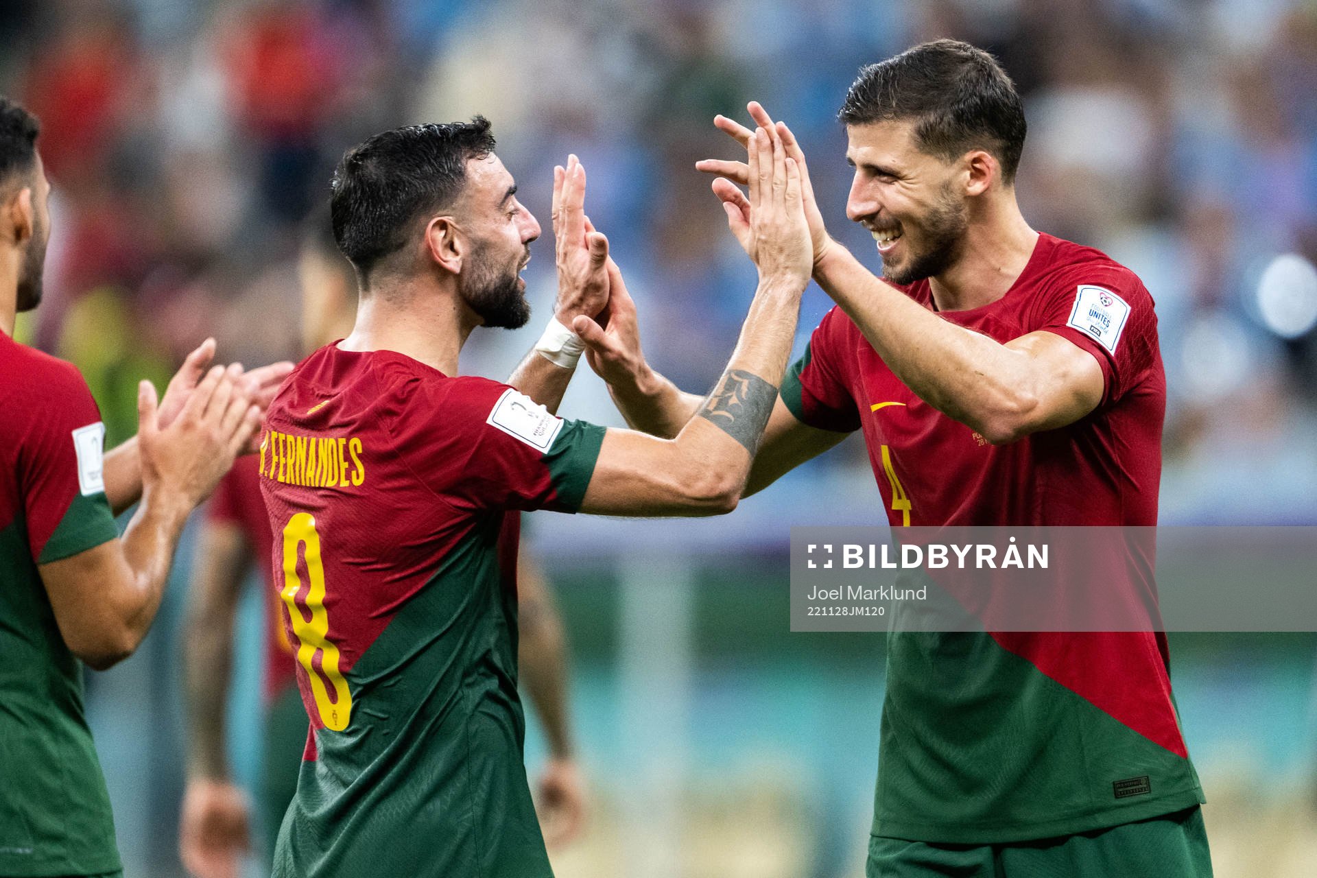 Bruno Fernandes and Ruben Dias of Portugal after the FIFA World Cup 2022 football match between Portugal and Uruguay on November 28, 2022 in Doha.