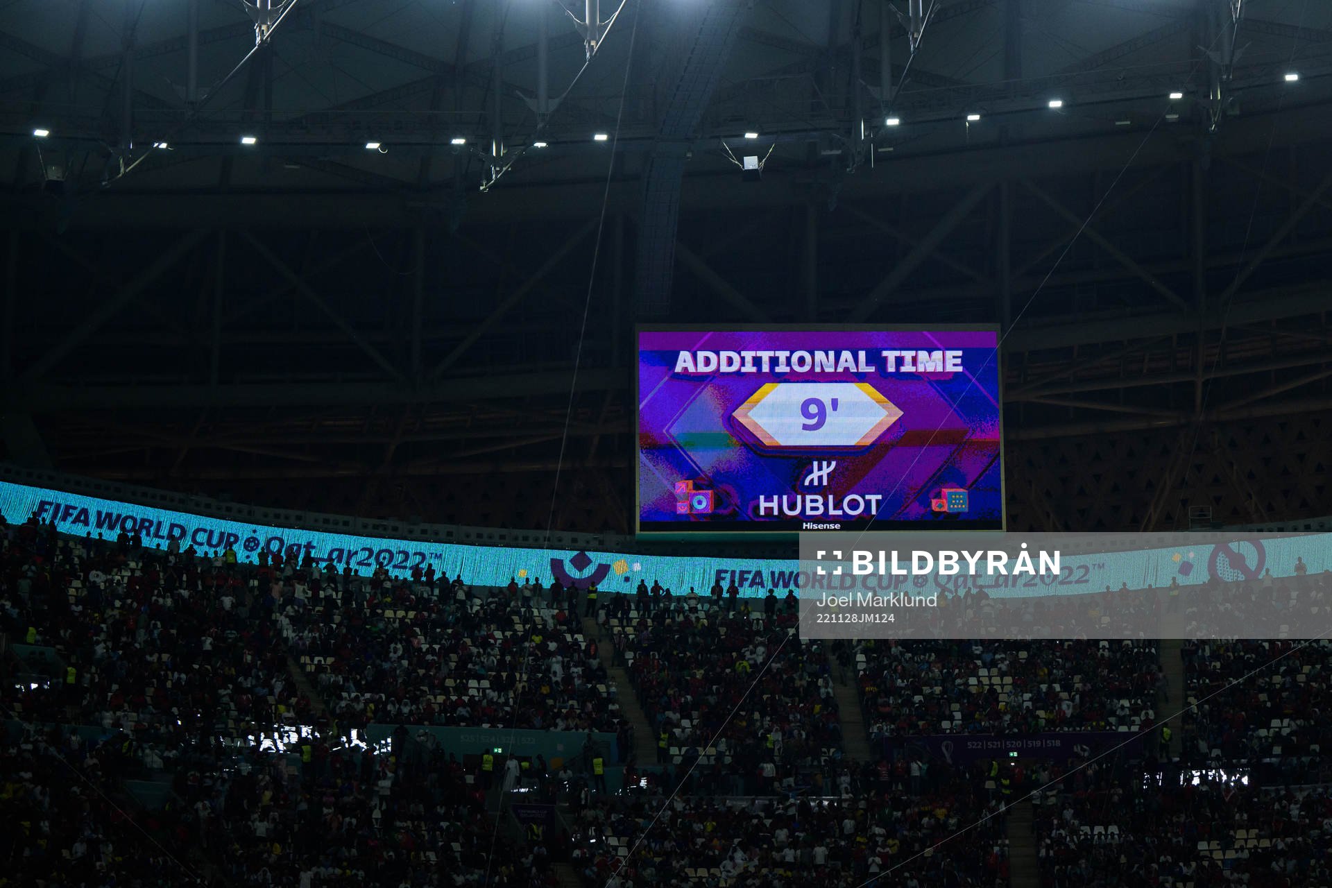 A screen announces nine minutes additional time added