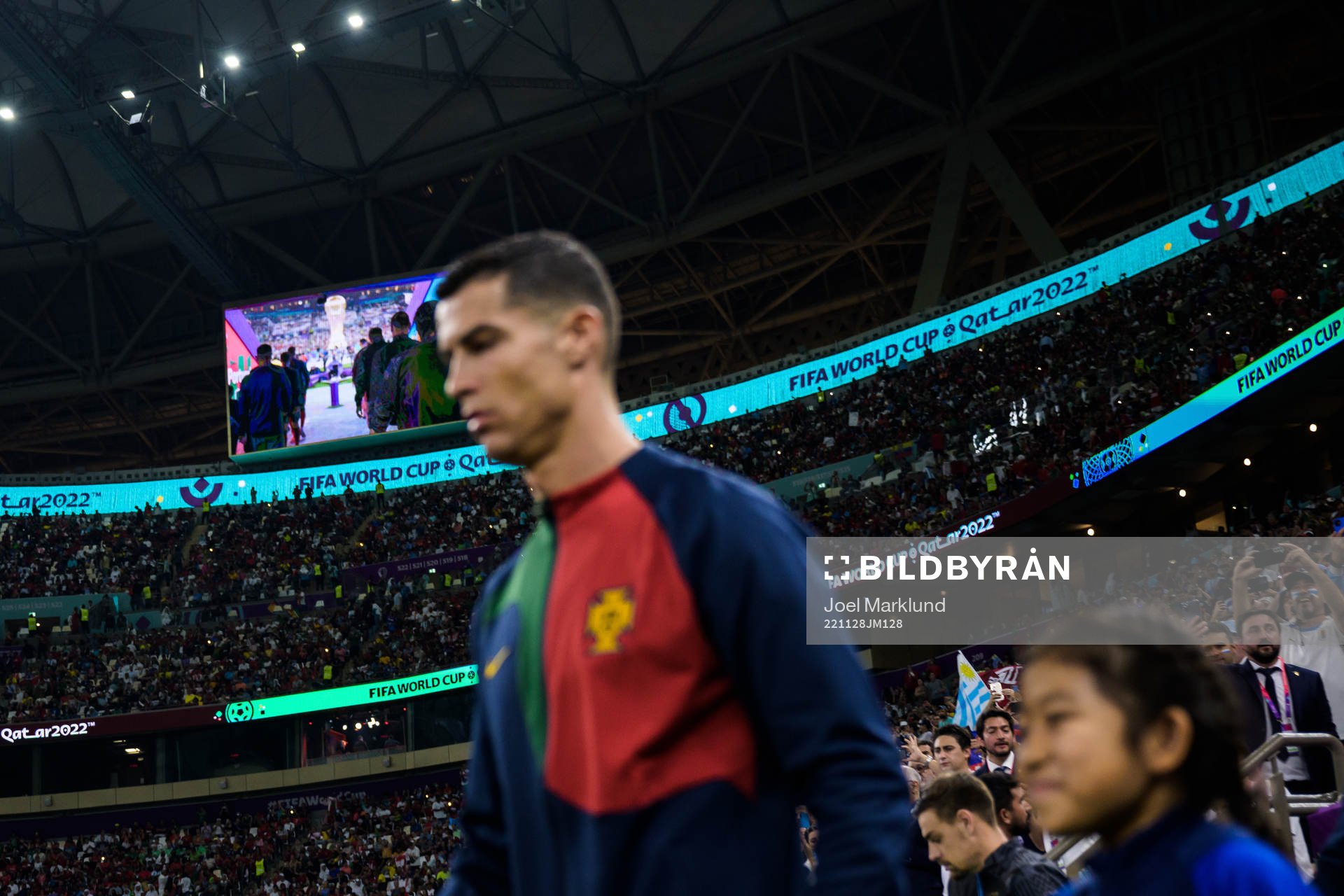 A screen in the stands behind Cristiano Ronaldo of Portugal