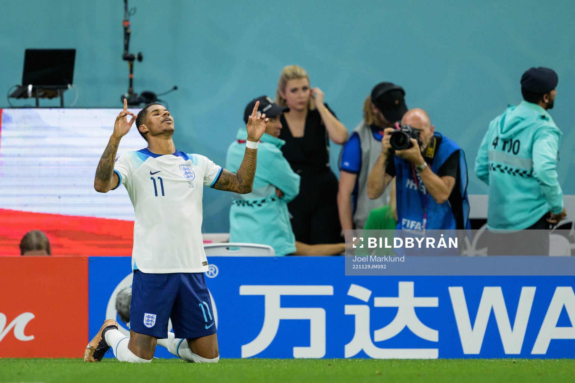 Marcus Rashford of England celebrates after scoring 0-1 during the FIFA World Cup 2022 football match between Wales and England on November 29, 2022 in Doha.