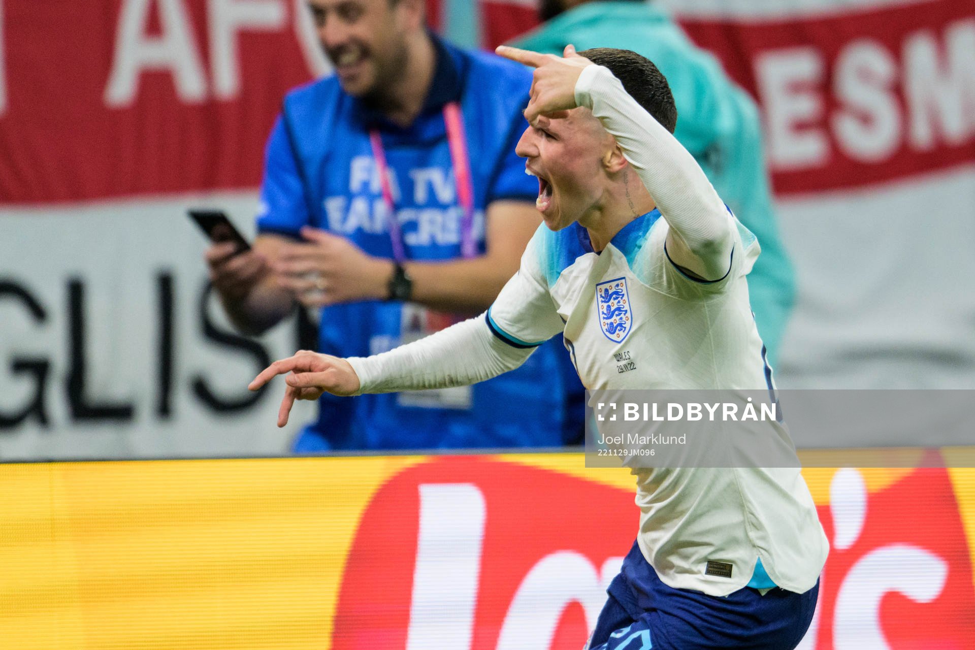 Phil Foden of England celebrates after scoring 0-2 during the FIFA World Cup 2022 football match between Wales and England on November 29, 2022 in Doha.