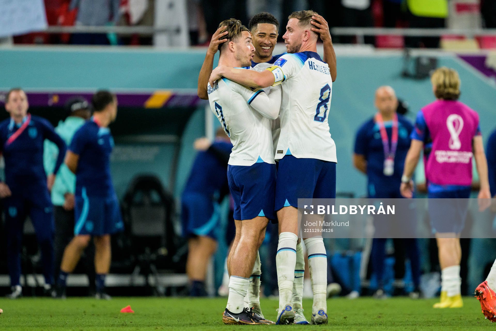 Jack Grealish, Jude Bellingham and Jordan Henderson of